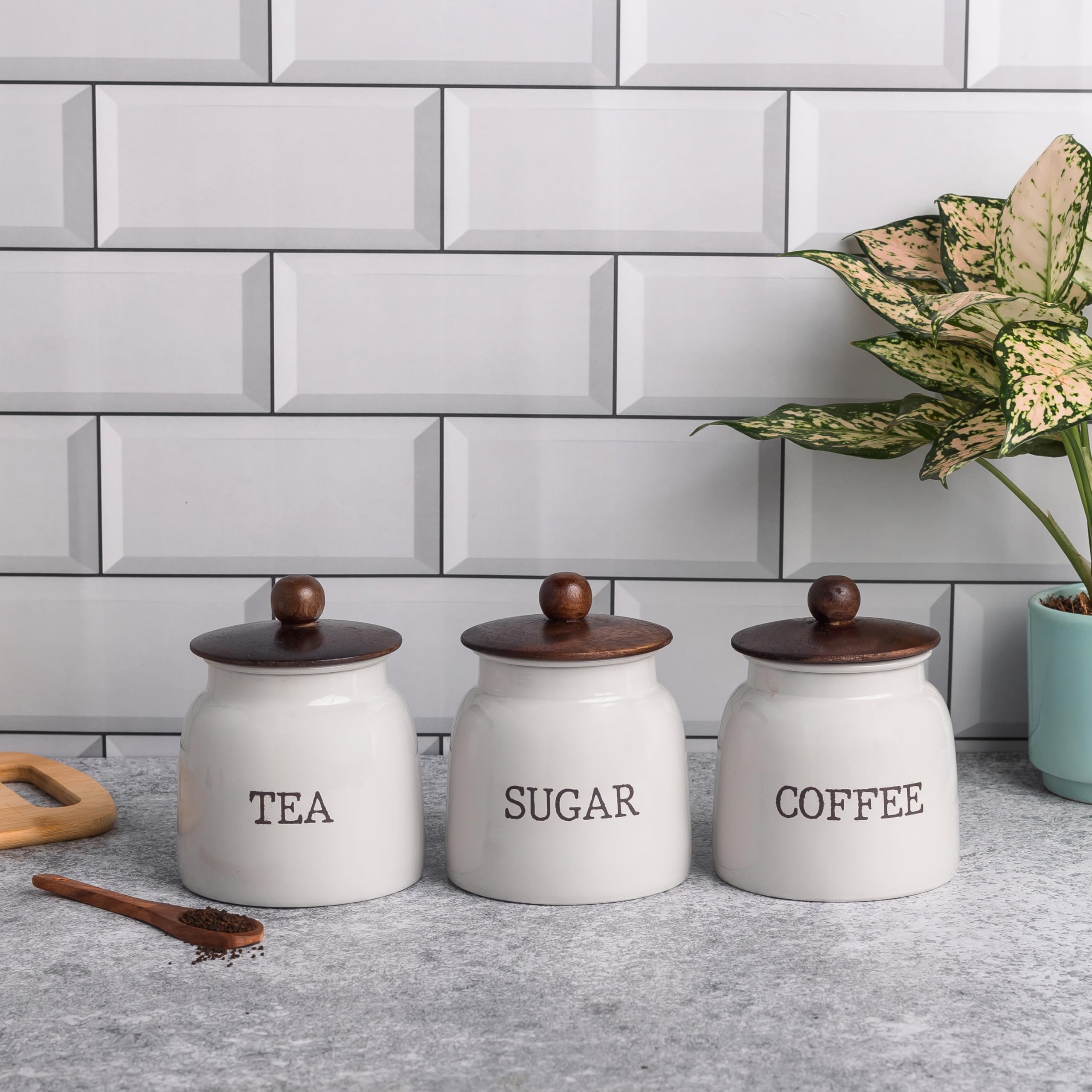 Metallure Home Modern Kitchen Set | Air Tight Containers for Kitchen Storage | Sugar Tea Coffee Container Set of 3 | Wooden Lid & Metal Canisters | Food-Safe Jar Set (Light Grey)-image-2
