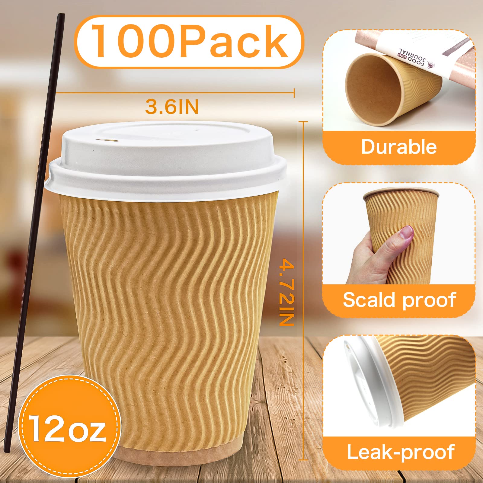 hapray [100 Pack 12oz Disposable Hot Coffee Cups, with Lid and Straws/Stirrers, Kraft Insulated Ripple Drinks Cup, for Office Parties Home Travel Corrugated Sleeve To Go Cups, Tea Chocolate