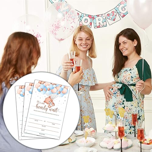 Miniatura 10 de Tarjetas de invitación para baby shower con globos de oso rosa con sobres (4 x 6 pulgadas), invitaciones de baby shower para niños y niñas,