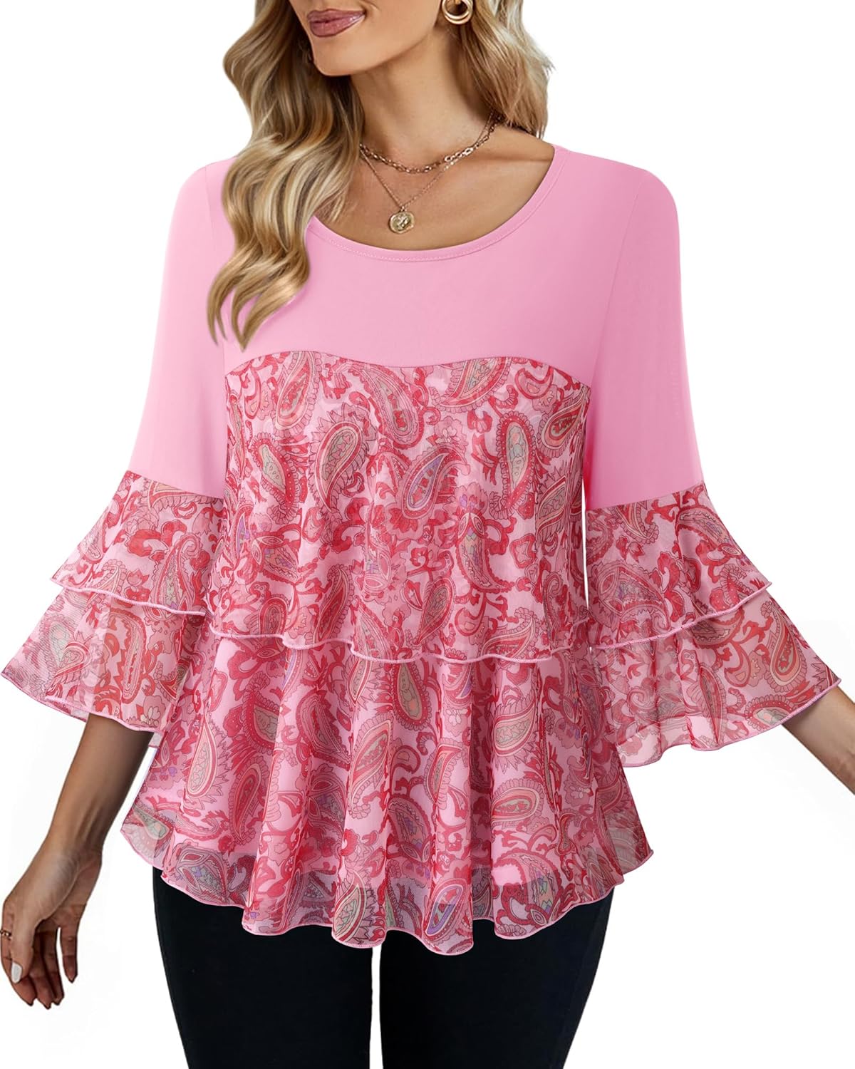 Bebonnie Womens Dressy Sparkly Peplum Tops 3/4 Sleeve Ruffles Elegant Evening Flowy Blouses - Image 2