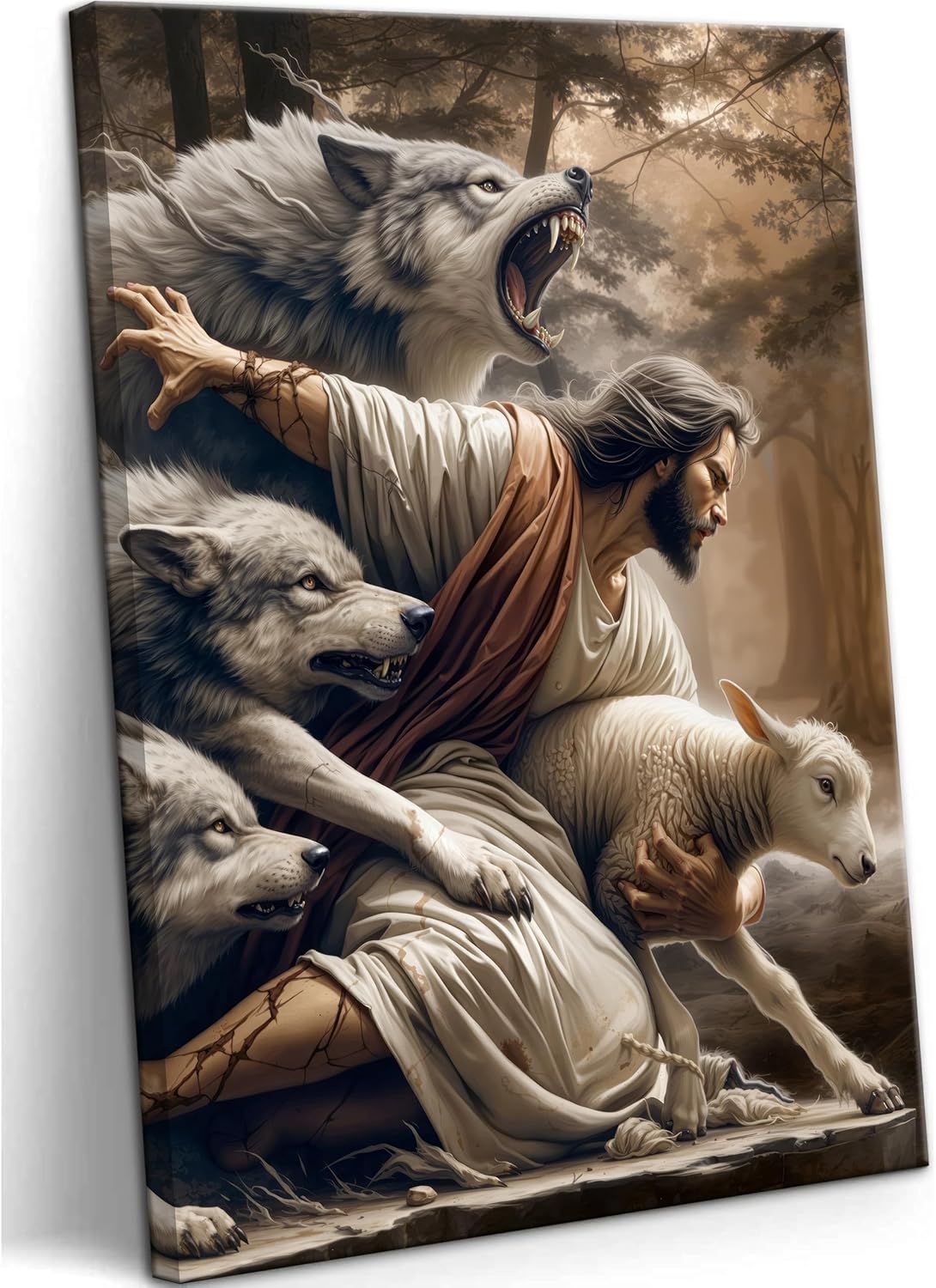 Jesus and Lamb Canvas Wall Art Jesus Saves the Lost Sheep Christian Wall Decor Painting Shepherd Protect a Lamb from Wolves Picture Poster Print Artwork for Living Room Bedroom Church Decor 16x24in