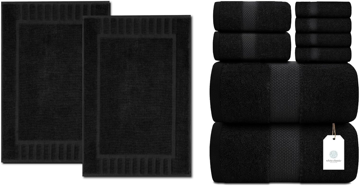 White Classic 8-Piece Black Towel Set [2 Bath Towels, 2 Hand Towels, 4 Washcloths] and 2 Luxury Bath Mats 22 x 34 | Cotton, Highly Absorbent and Quick Dry for Hotels, Spa and Bathroom