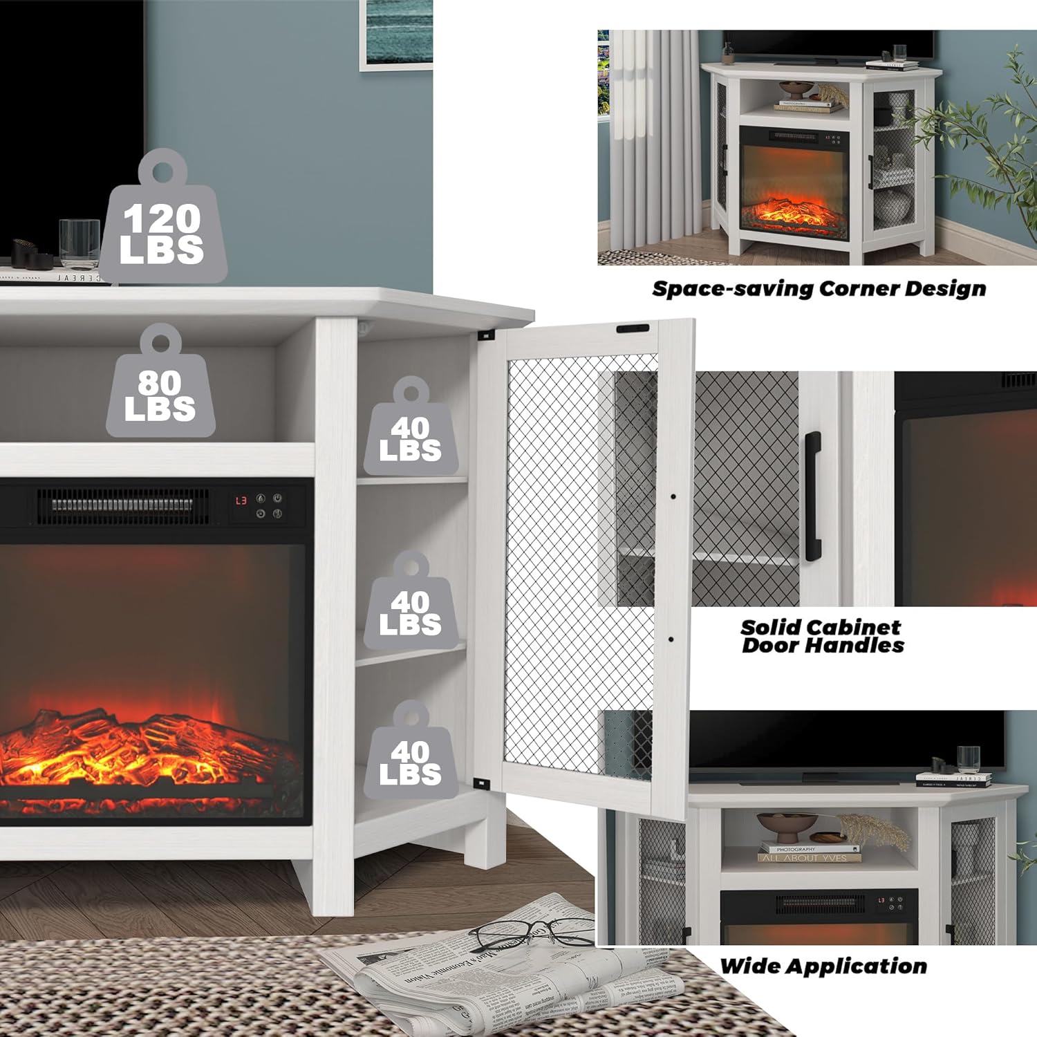 Clihome Fireplace TV Stand Set 47inches Entertainment Center with Fireplace with Cabinet Electric Fireplace Inserts Heater TV Stands for Living Room with Vintage Fire Places Christmas Decor, White