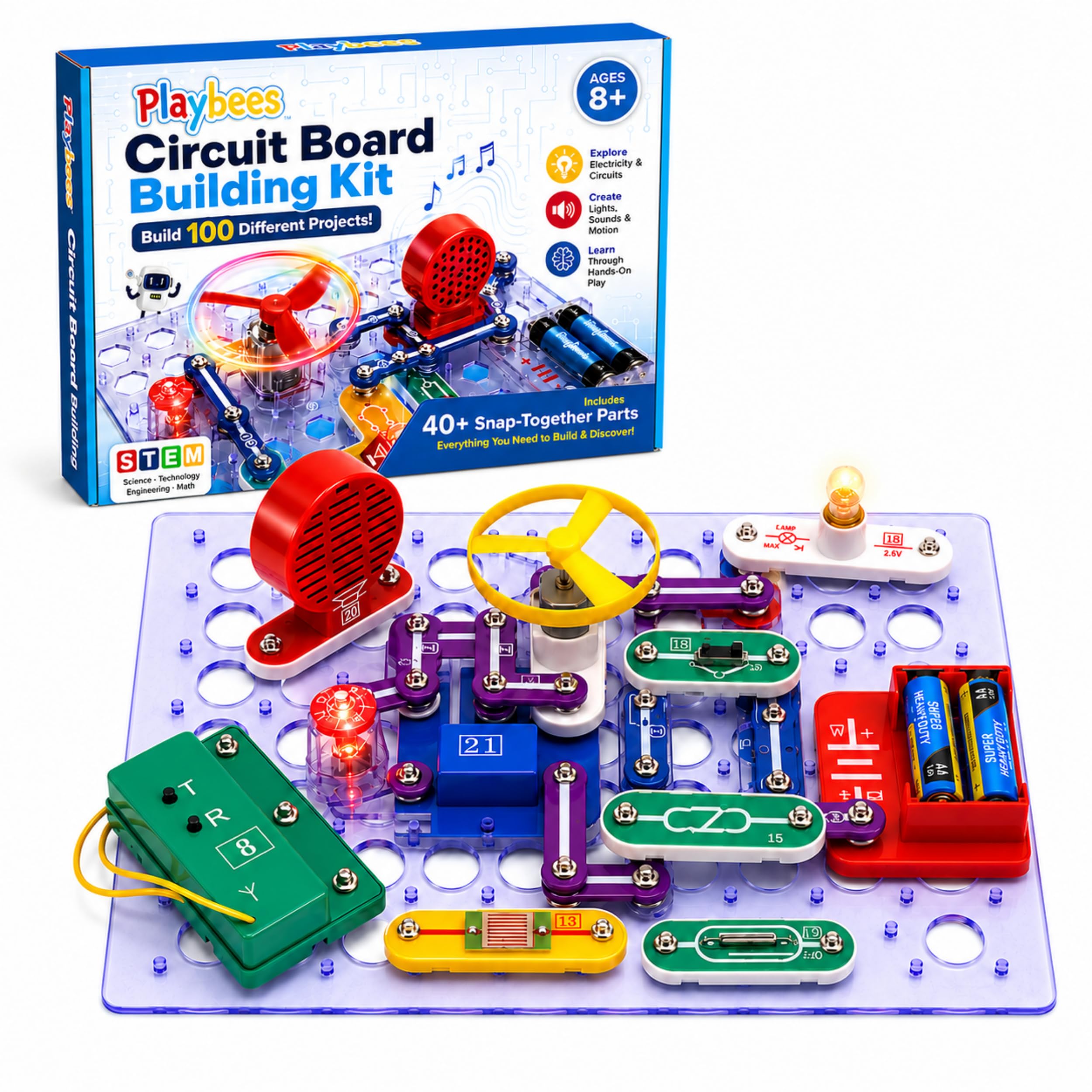 STEM Circuit Board Building Kit for Kids Ages 8-12 | Build Over 100 Electronics Projects with 30 Snap-Together Parts, No Soldering - Hands-On Science and Engineering Gift