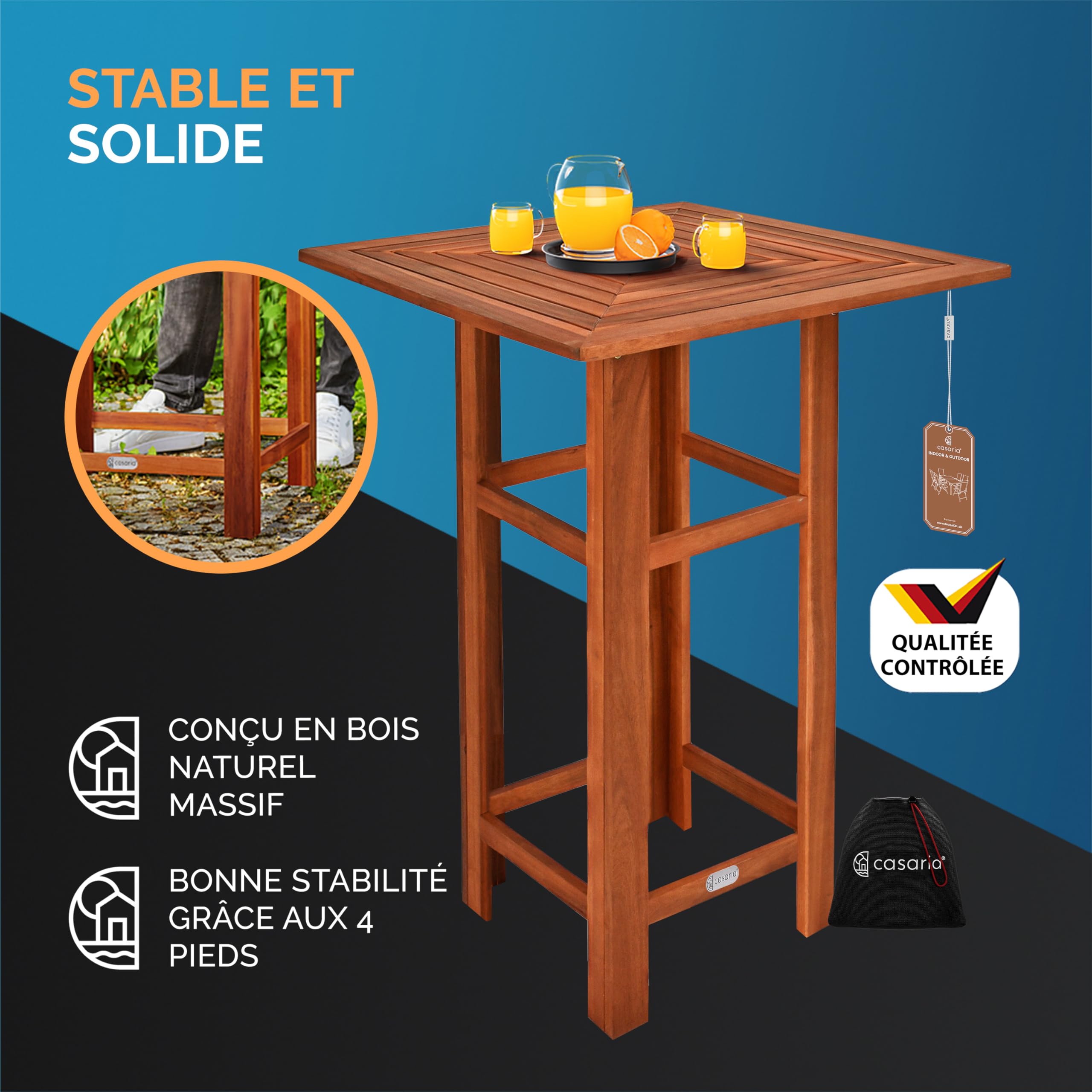 Casaria Table Haute carrée en Bois d'Acacia 75x75x110cm Mange-Debout Table en Bois extérieur Jardin terrasse évènement