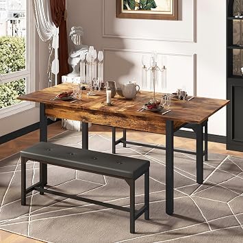 3 Piece Dining Table Set for 4-8, 63" Extendable Kitchen Table with Drawers and 2 Upholstered Benches, Dining Room Table Set with Metal Frame & Wooden Board Deep Brown