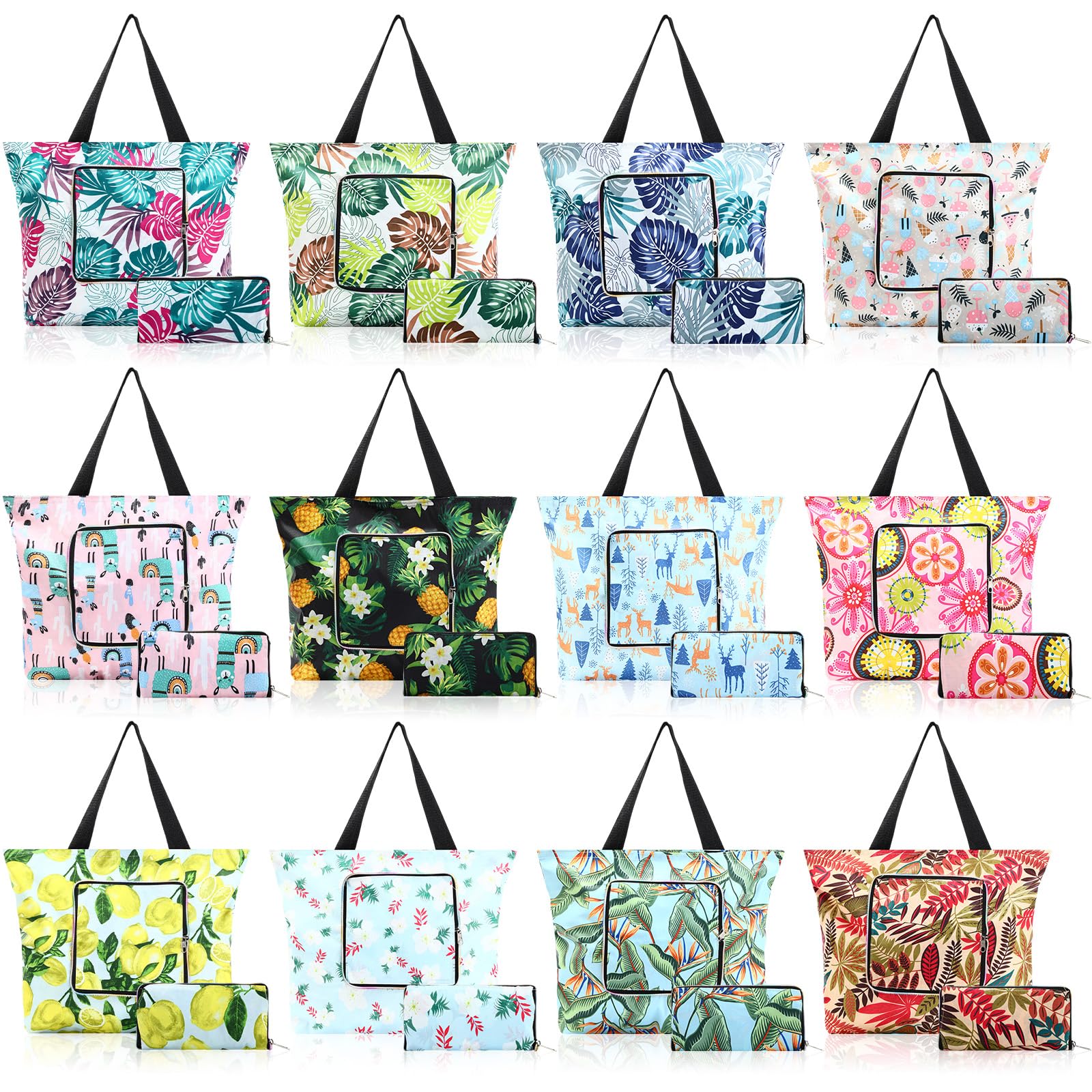 Yoojahow 12 Pcs Summer Reusable Shopping Bags Foldable Tote Bag with Zipper Handles Large Waterproof Travel Tote Bags(Classic)