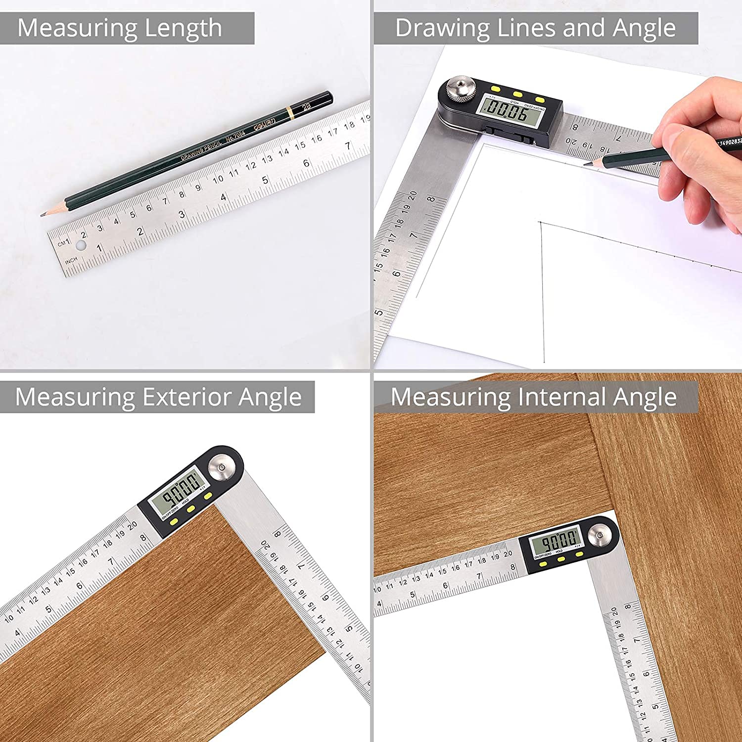WJJ Digital Angle Finder Goniometro in Acciaio Inox Angolo Finder Righello 0-360 ° for la Lavorazione del Legno Riparazione della Costruzione (Size : 8inch/200mm)