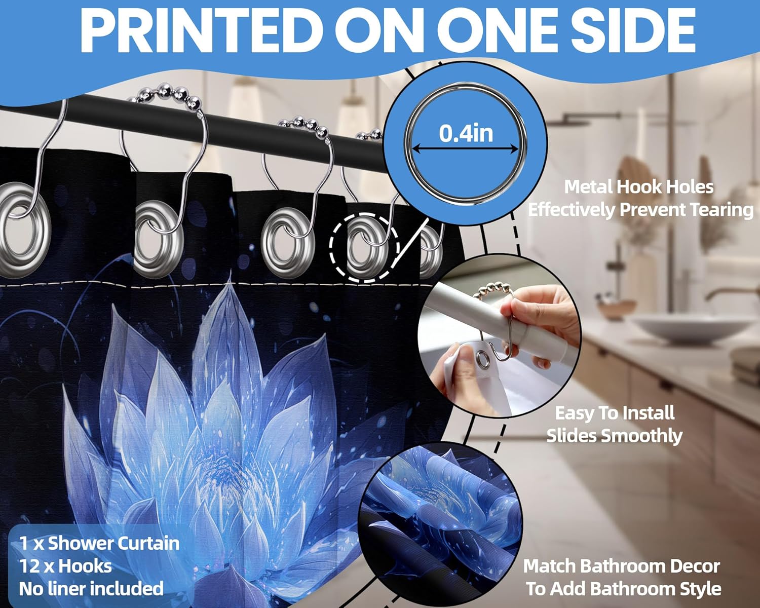 Black and Navy Blue Shower Curtain Glow in The Dark Blacklight Blue Lotus Flower Shower Curtains for Bathroom Decor Sets, Waterproof Cloth Fabric with Hooks, 70x84in