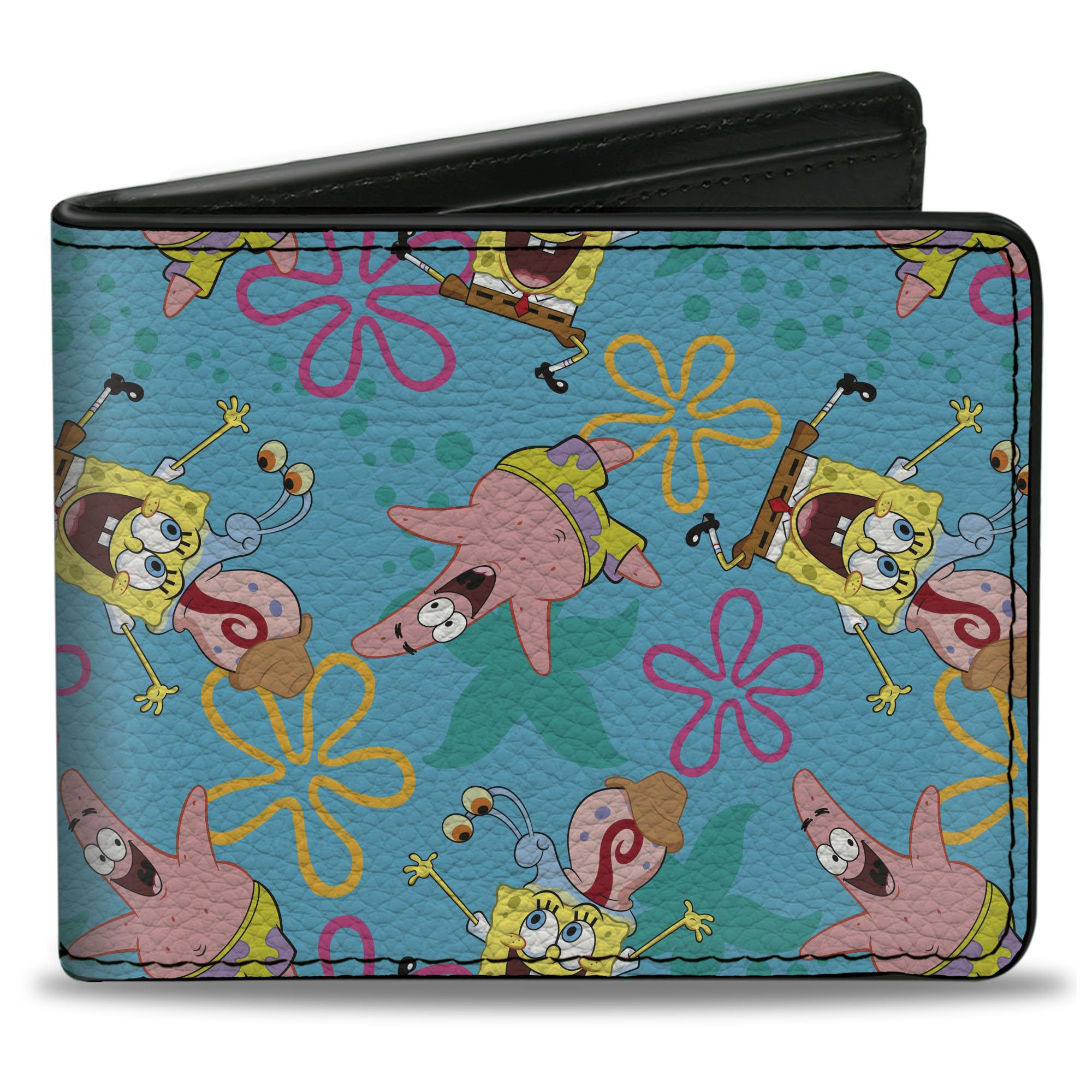 Wallet Bifold PU SpongeBob Patrick and Gary Joy Poses and Flowers Blues