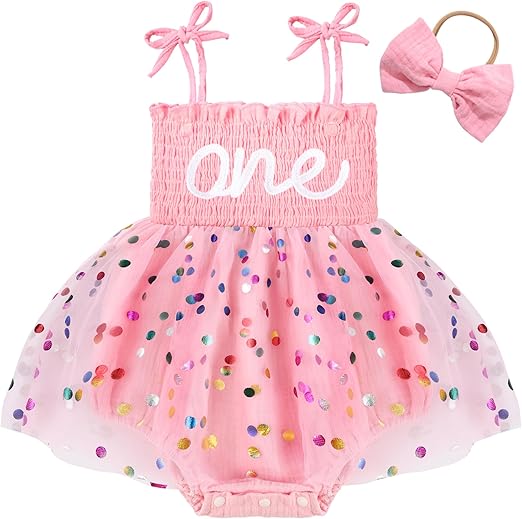 HONGTEYA Baby Girl 1st Birthday Outfit Girl First Birthday Clothes One Year Old Gifts Lace Romper Tulle Summer Newborn Dress