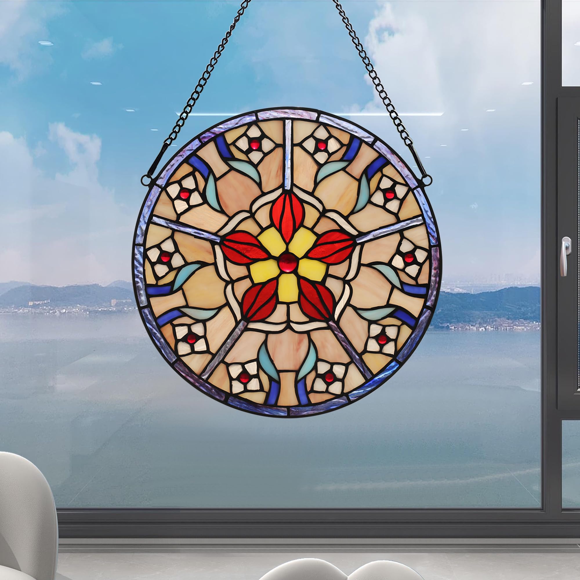 Buntglas-Fenster zum Aufhängen, Tiffany-Pflanzen-Stil, rosa Blume, Sonnenfänger, Wanddekoration, Kunst-Panel, 30,5 cm, inklusive 50,8 cm Kette und Haken, perfektes Weihnachtsgeschenk