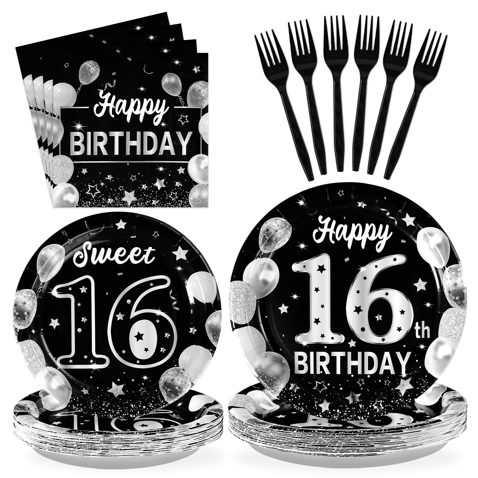 Grencian 96 Pcs Silver Black 16th Birthday Party Decorations, Serves 24