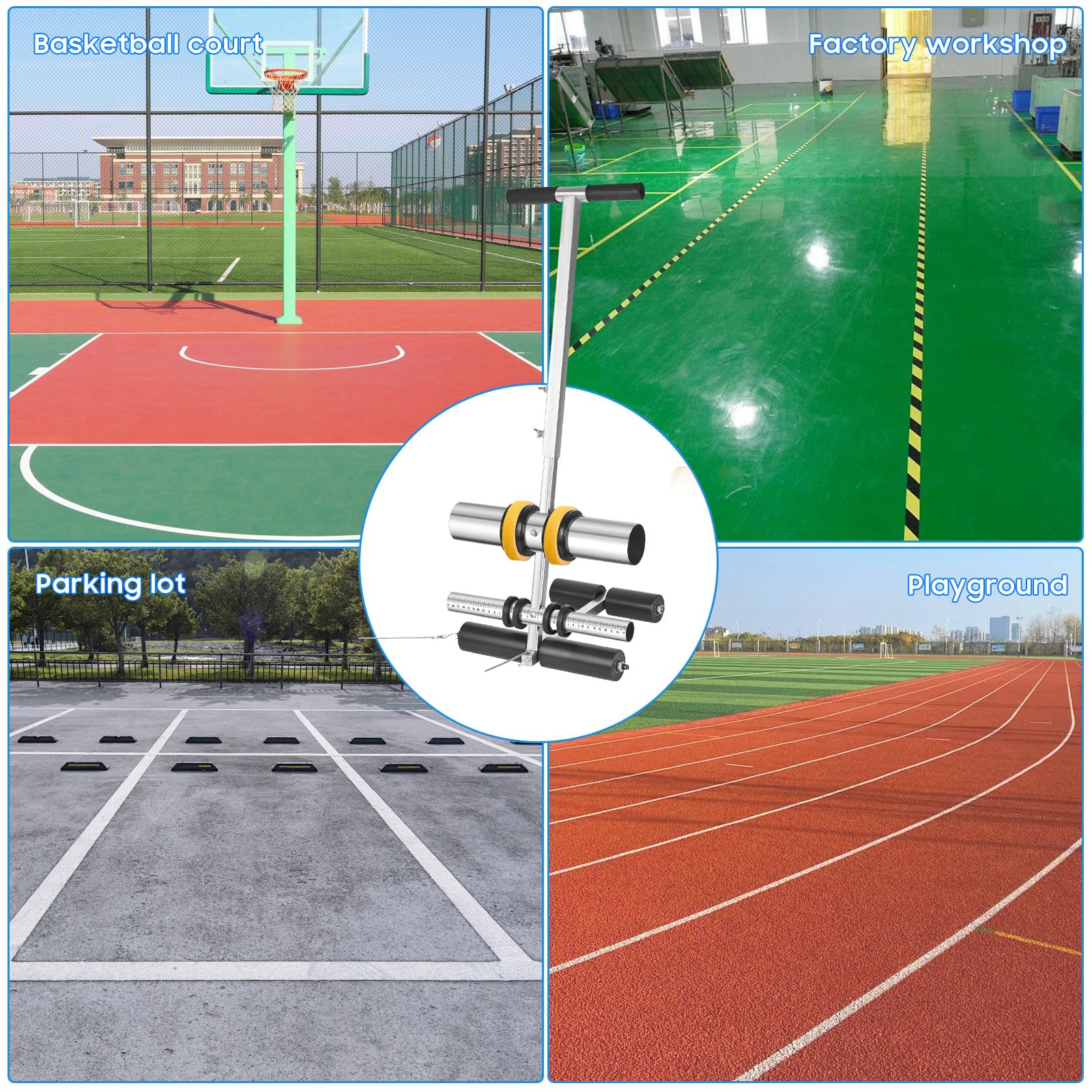 Machine à ruban de ligne de cour, machine de marquage de ligne de terrain de basket-ball poussée à la main, applicateur de ruban de peinture de sol pour parkings, allées, aires de jeux