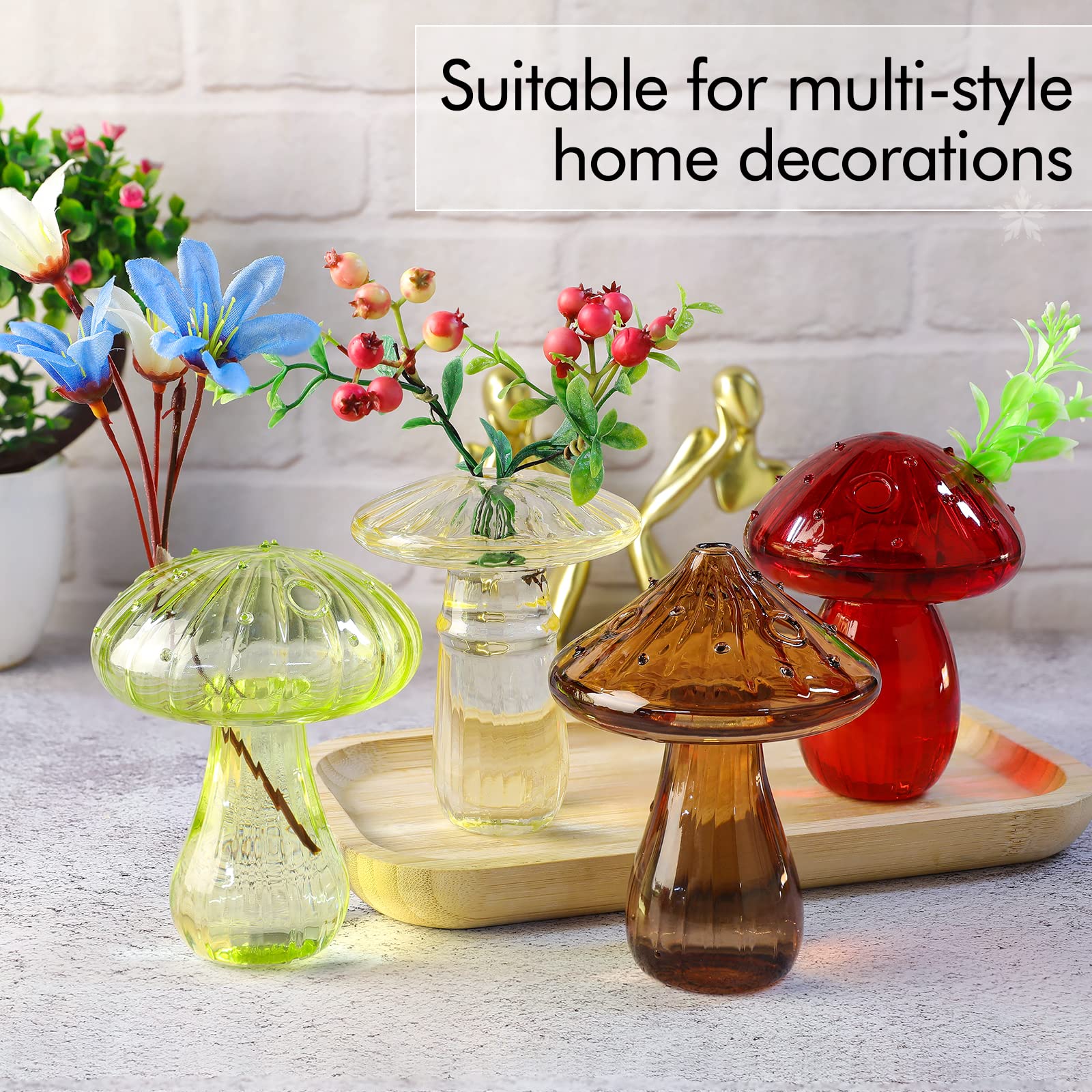 Lot de 4 vases en verre en forme de champignon - Vase hydroponique transparent - Fleurs et plantes pour décoration de table, décoration de maison, fête de mariage (4 couleurs)