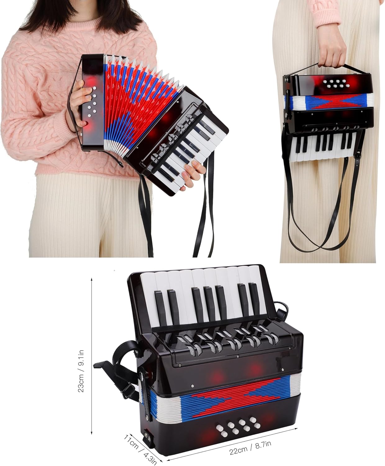 Mini Accordion 17 Key Piano Small Accordion 8 Bass with Straps Beginner Educational Musical Instrument Developmet Hand Keyboard Rhythm Training Instrument for Beginner