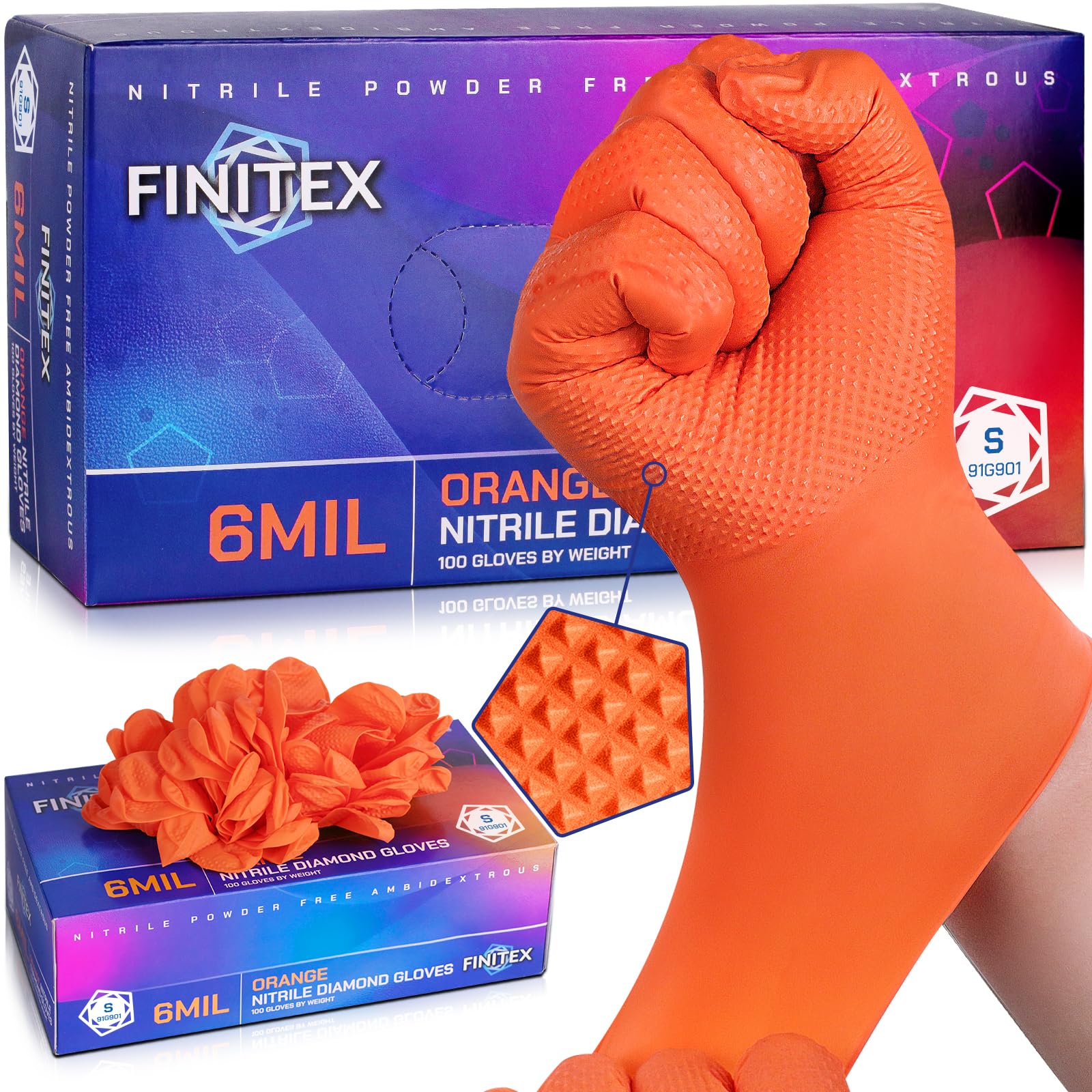 FINITEX Disposable Nitrile Orange 6.3mil Mechanic Heavy Duty Gloves