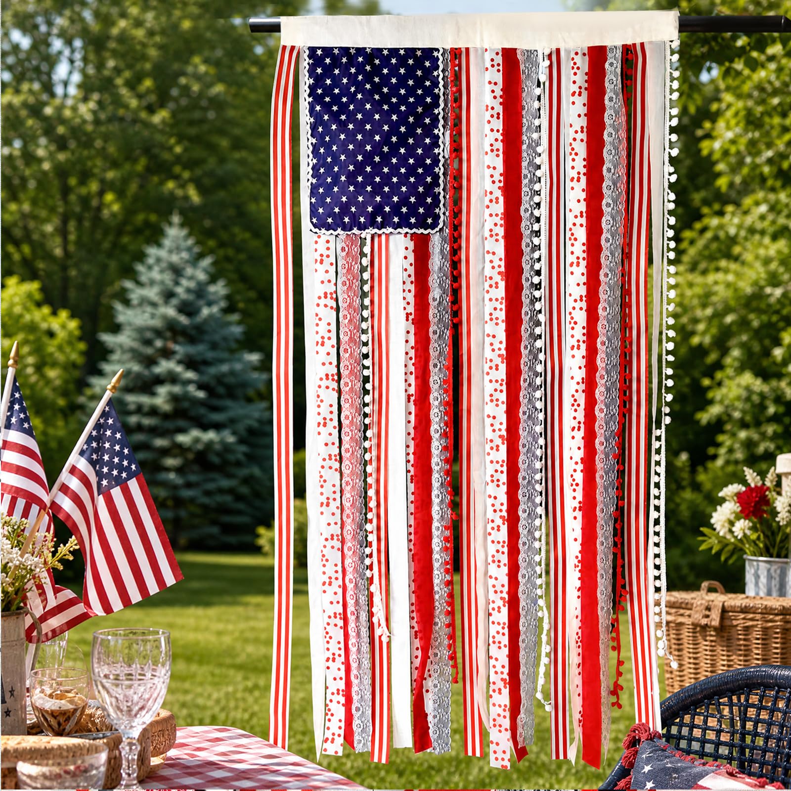 Photo 1 of 4th of July Decorations 4 x 2.3 FT Vintage Rag American Flag Banner Hanging Fourth of July Banner Patriotic Independence Day Accessories for 250th Anniversary Celebration Indoor Outdoor Decoration