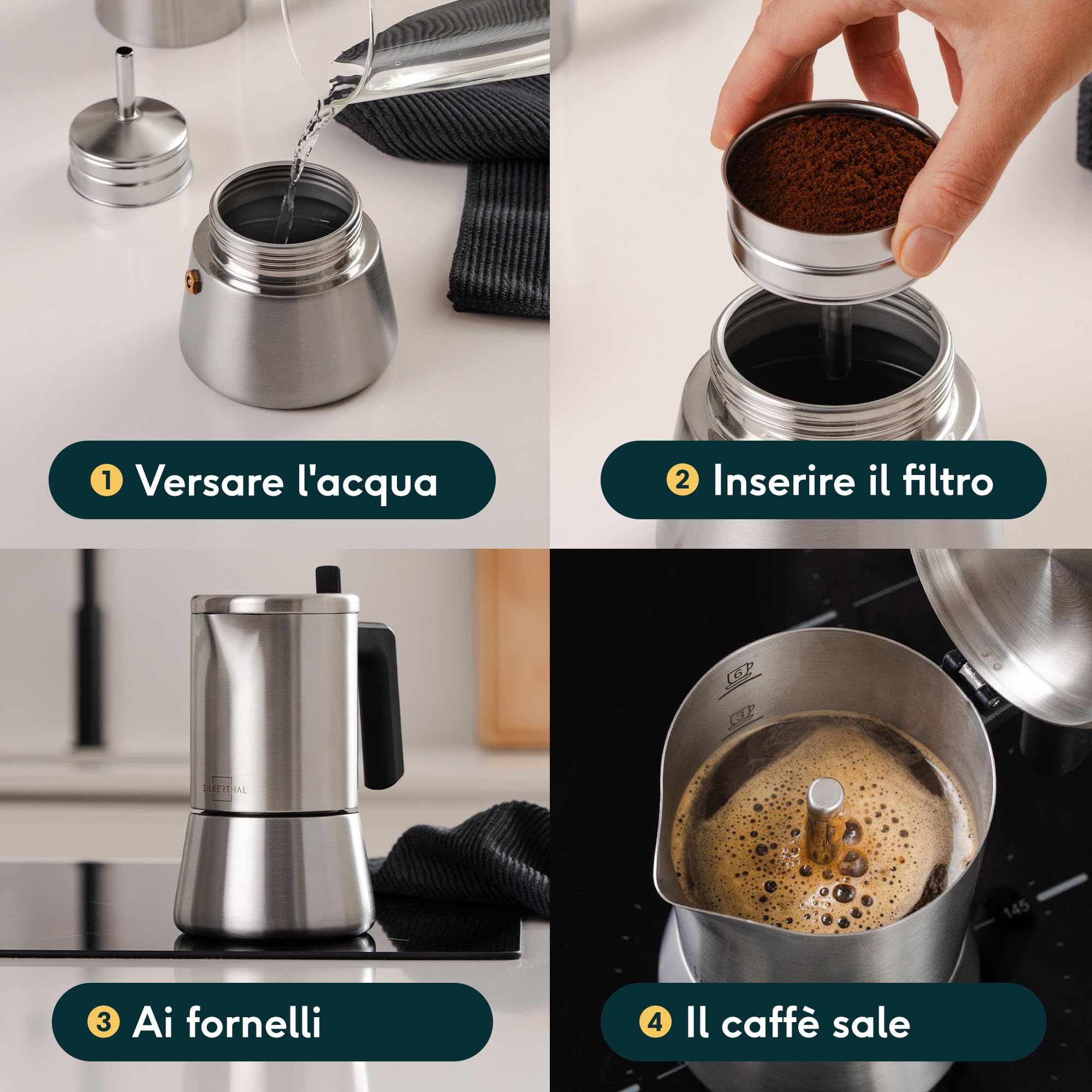 SILBERTHAL Set moka 300 ml e montalatte manuale - Moka per induzione e gas - Acciaio inox
