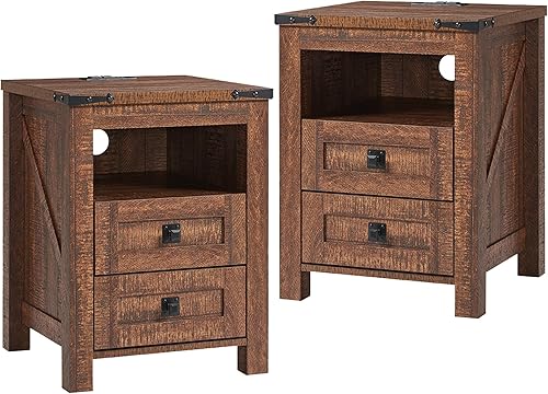 Miniatura 1 de T4TREAM Juego de 2 mesitas de noche de granja con estación de carga, mesa auxiliar rústica con 2 cajones, estante abierto de almacenamiento para