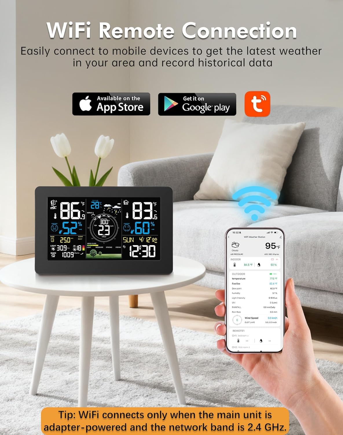 Zivron weather station display and mobile app showing remote connection and data