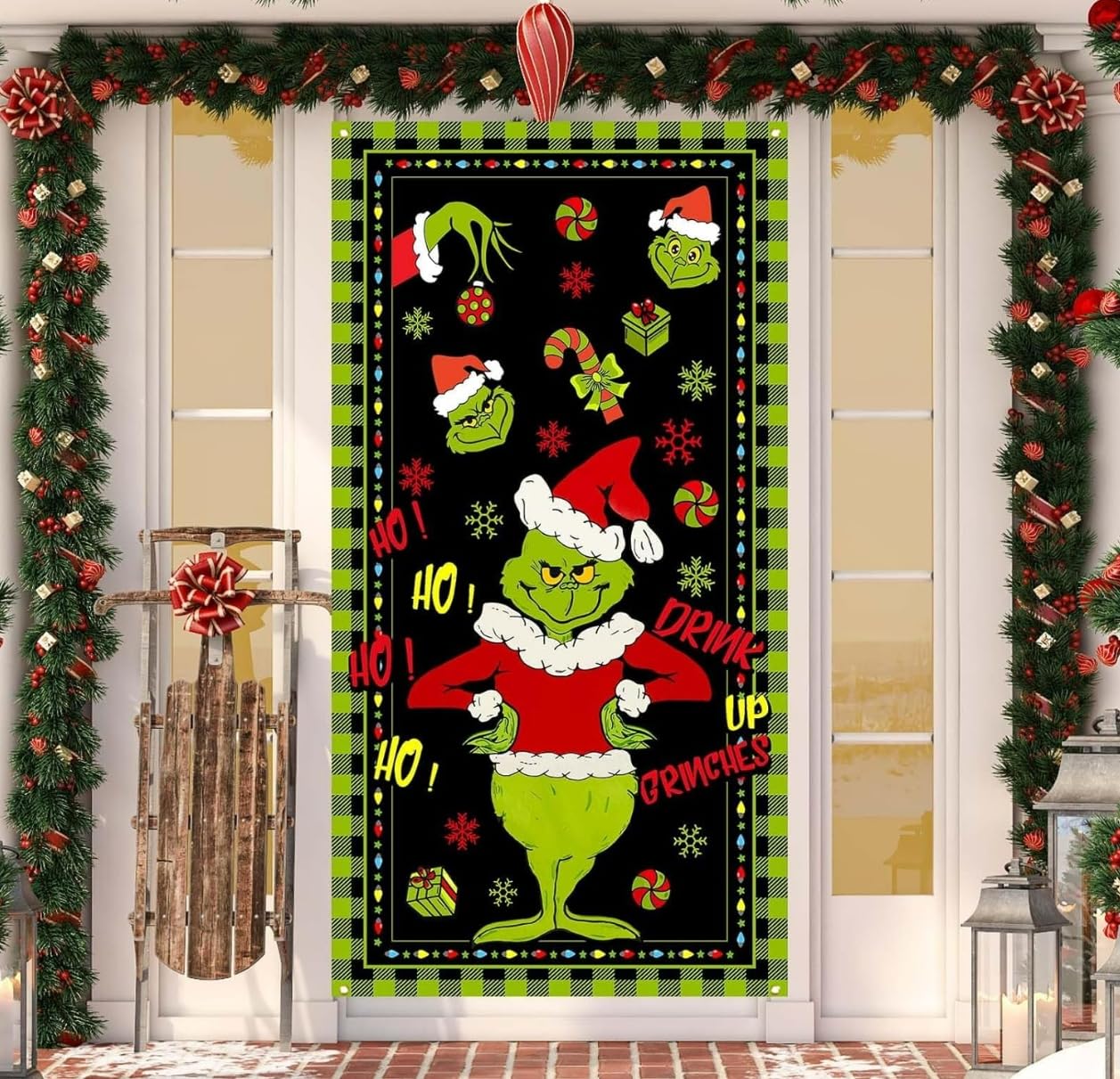 Pancarta Decorativa De Puerta Con Motivo Grinch | 90x180 Cm | Ideal Para Navidad Y Fotos Festivas