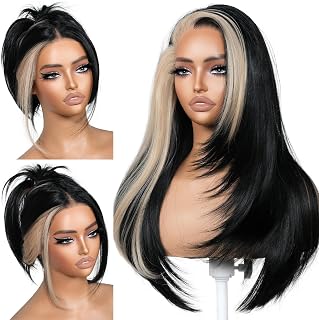 BrownBomb Synthetic Lace Front Black and Blonde Skunk Stripe Glueless Wig Wear and Go Pre Pluecked Pre Cut 13x6 HD Lace Layered Wig with Bangs 24 Inch