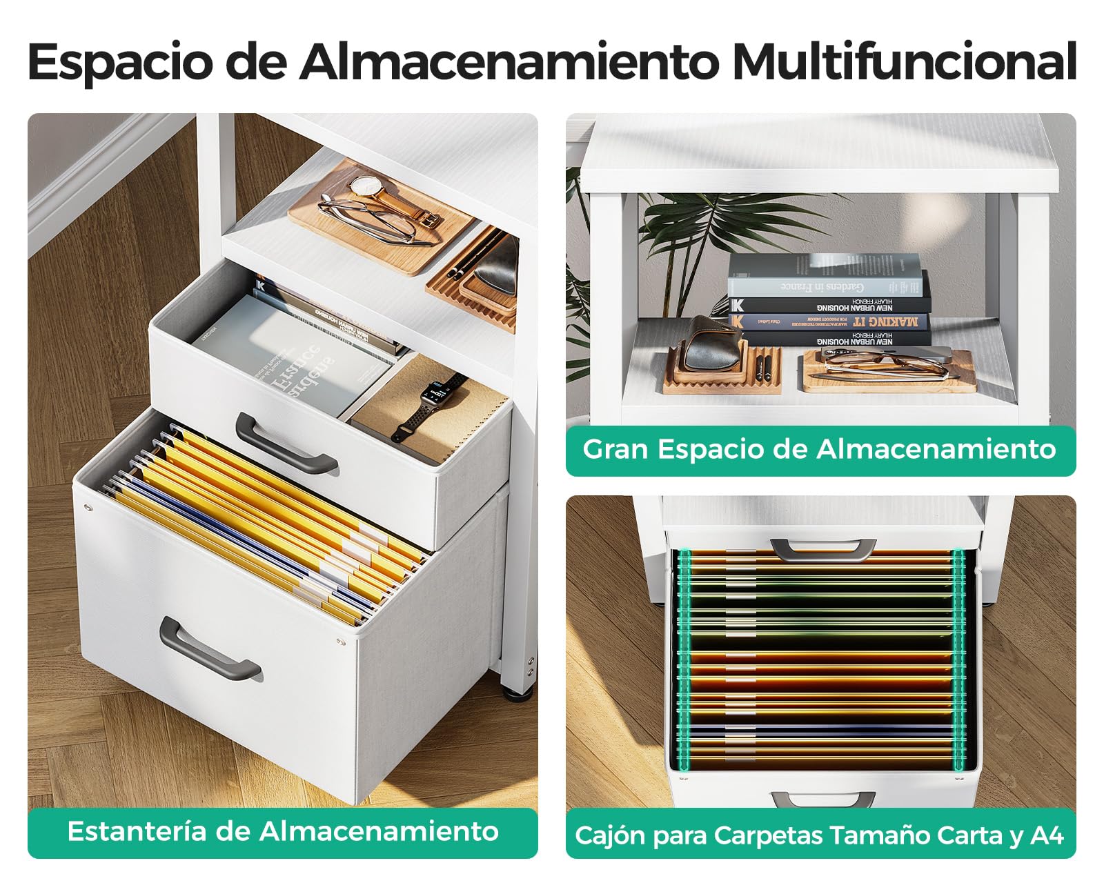 Coleshome Escritorio Esquinero con Cajones de Tela, 140x80cm Reversible Escritorio en L con Cajón para Archivos, Mesa Escritorio para con Puerto de Carga USB y Toma de Corriente, Blanco