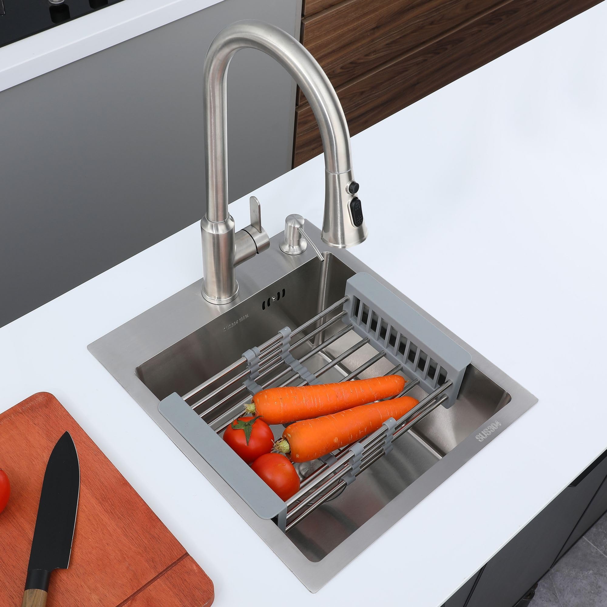 Faizee Home Future Serie Edelstahlspüle Silber 30/40/50x45x22 cm SUS304 Einbauspüle mit Spülkorb, Seifenspender, Siphon & optionaler Armatur