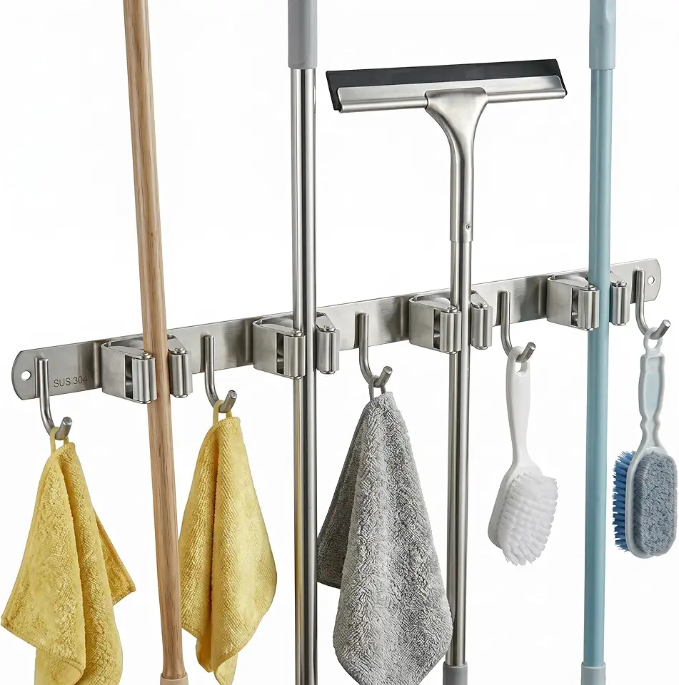 Suporte para Vassouras com 9 Acessórios – Porta Vassoura de Parede em Aço Inoxidável, Organizador Multiuso para Cozinha e Lavanderia