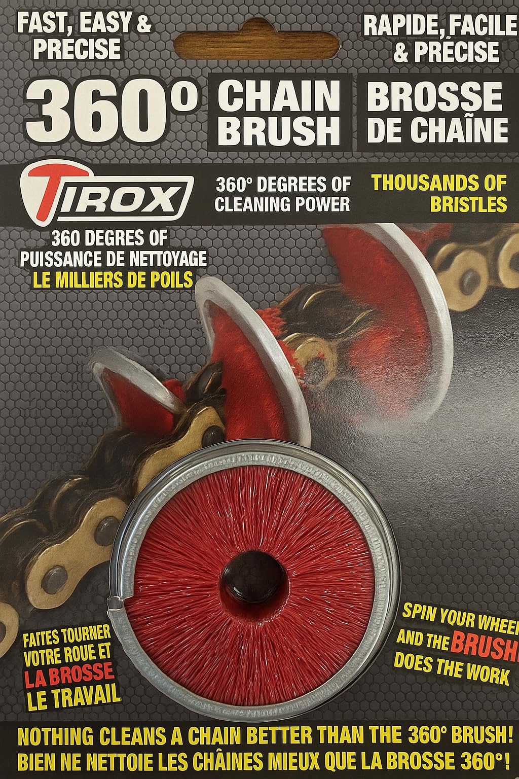 Tirox 360 Motorcycle Chain Cleaning Brush Tool - Safe to use on Non Sealed, Oring and Xring Chains - Motorcycle, ATV, Dirt Bike, and Offorad Drive Chains
