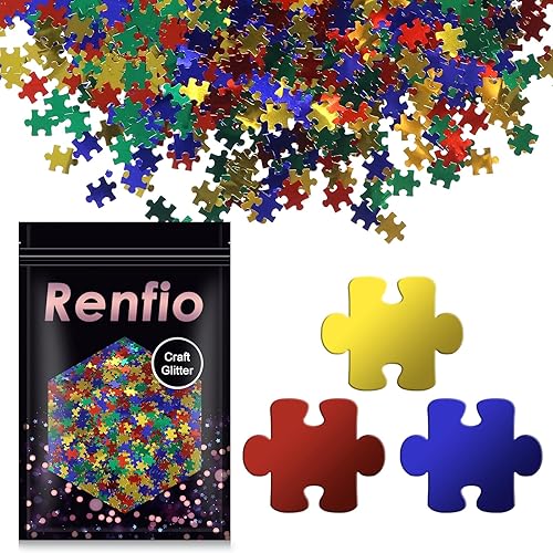 Renfio Rompecabezas holográfico de 1.75 onzas, 1.76 oz, confeti con purpurina, formas de rompecabezas, mezcla de colores, lentejuelas gruesas