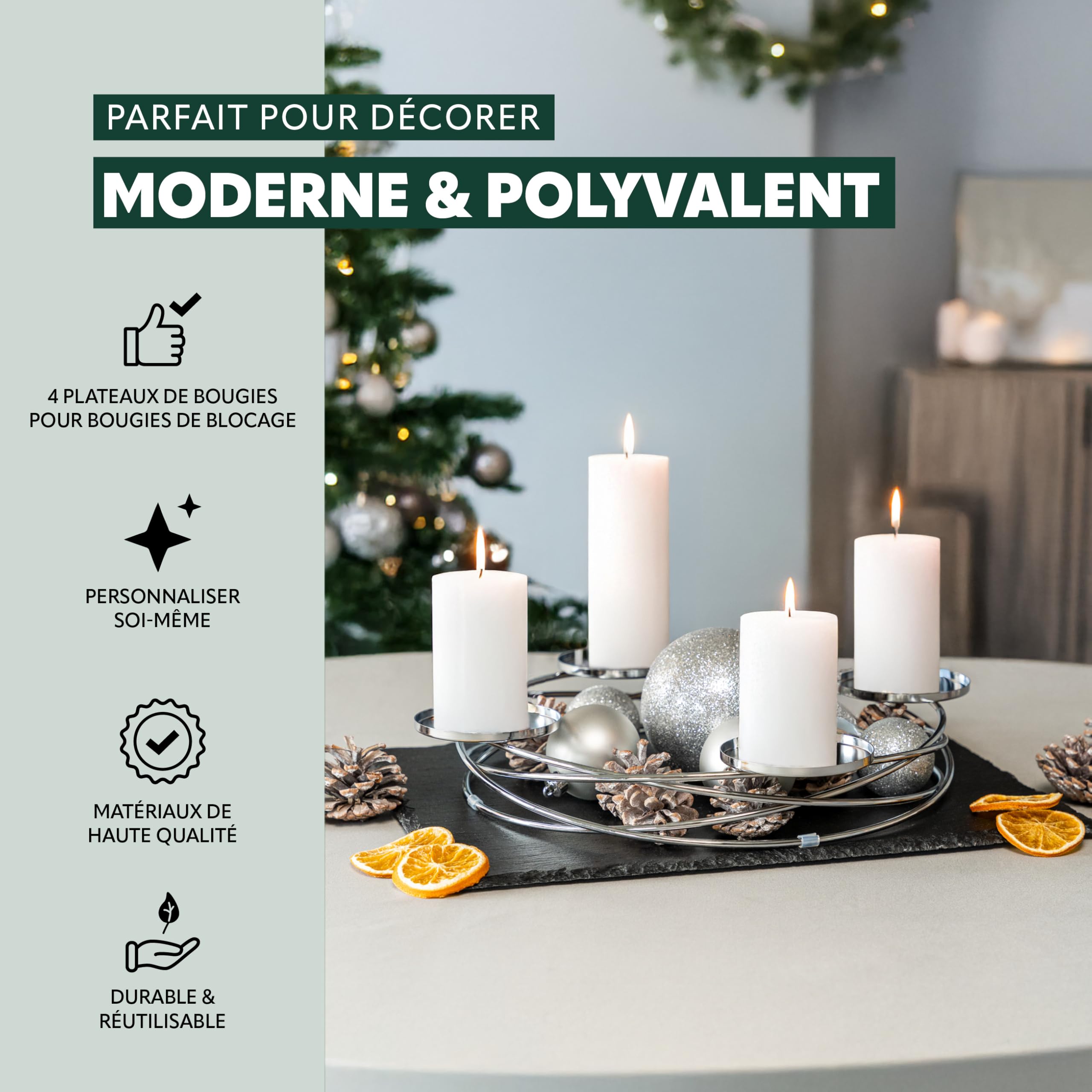bremermann Bougeoir en Forme de Couronne, idéal comme Couronne de l'Avent pour Noël ou comme décoration de Table Tout au Long de l'année, bougeoir pour 4 Bougies cylindriques, en métal (Argent)