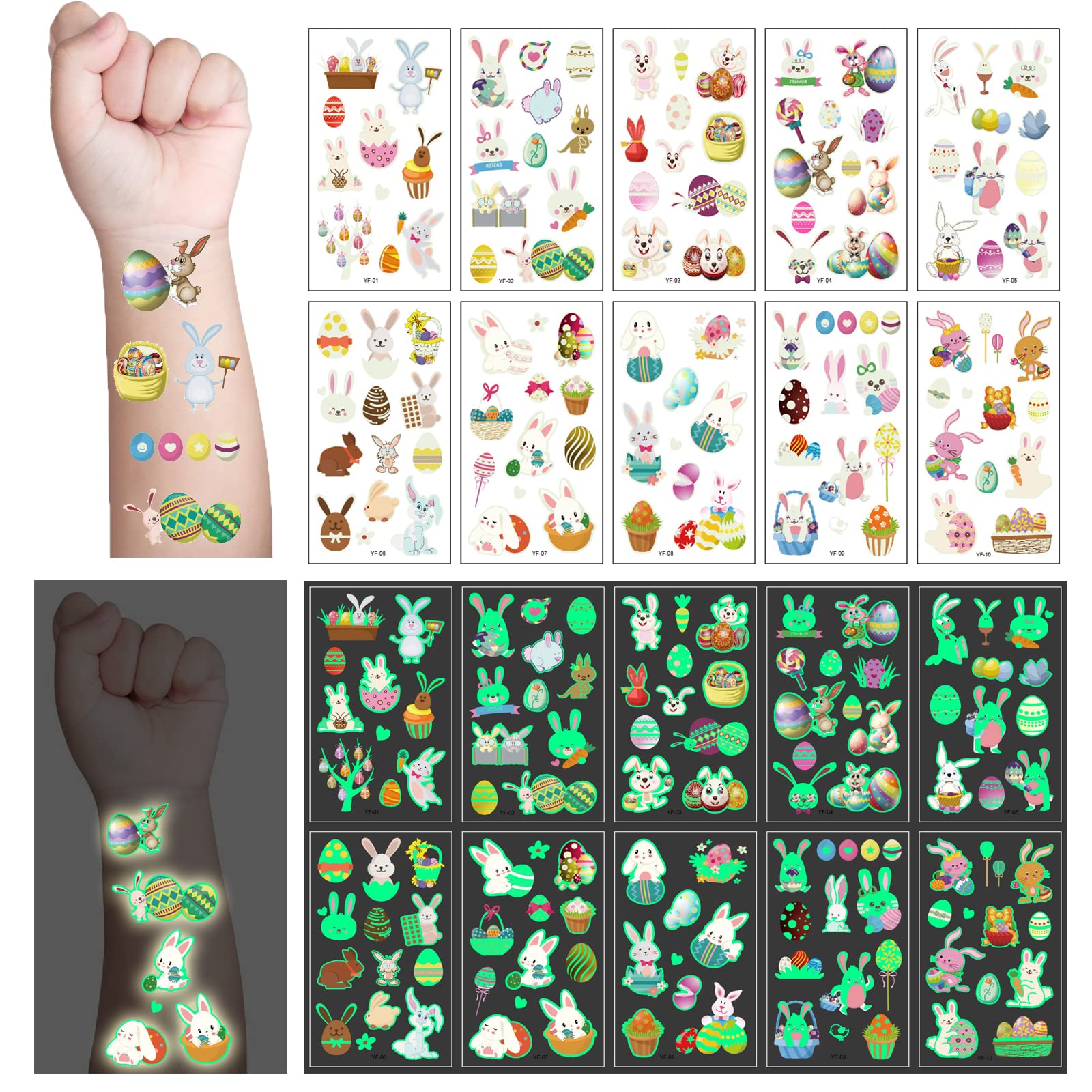 111pcs Easter Tattoos for Kids Easter Basket Stuffers for Toddler Kids Easter Party Decorations Favors Glow Easter Tattoos for Kids Easter Games Easter Toys Gifts for Toddlers Kids Boys Girls