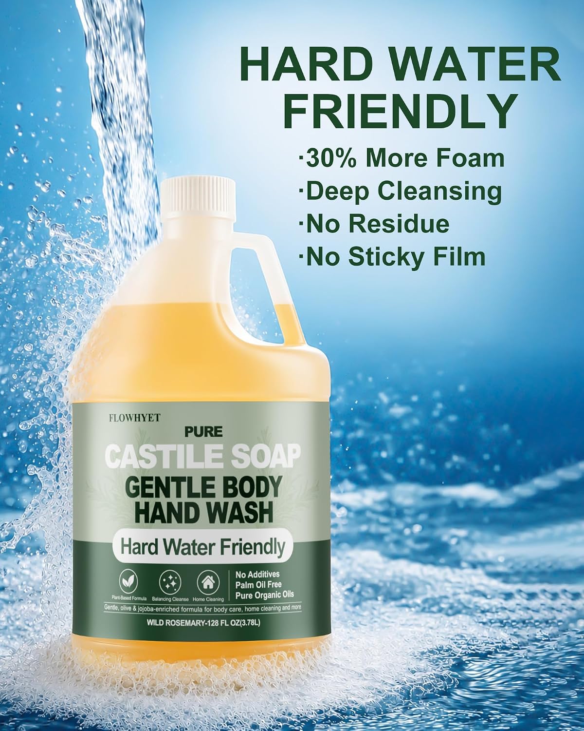 1 Gallon Pure Castile Soap Liquid-Rosemary,For Hard Water Body Wash Refill image 2
