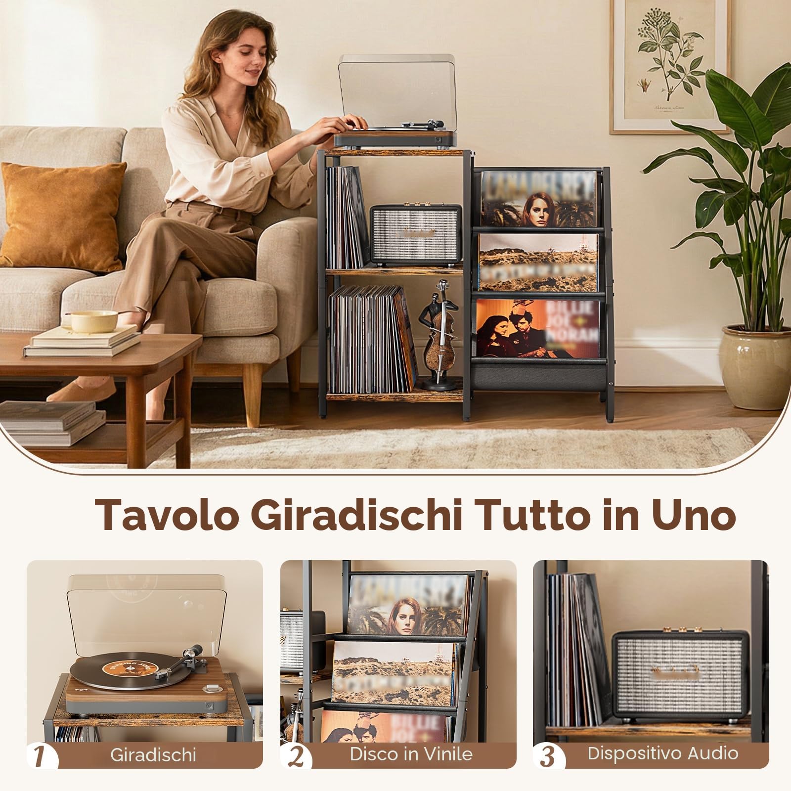 Bikoney Giradischi Vinili Stand Tavolino con Archiviazione Record in Vinile a 3 livelli, Espositore per Dischi in Vinile Fino a 200 album,Gabinetto del Supporto da Record in Vinile per Soggiorno