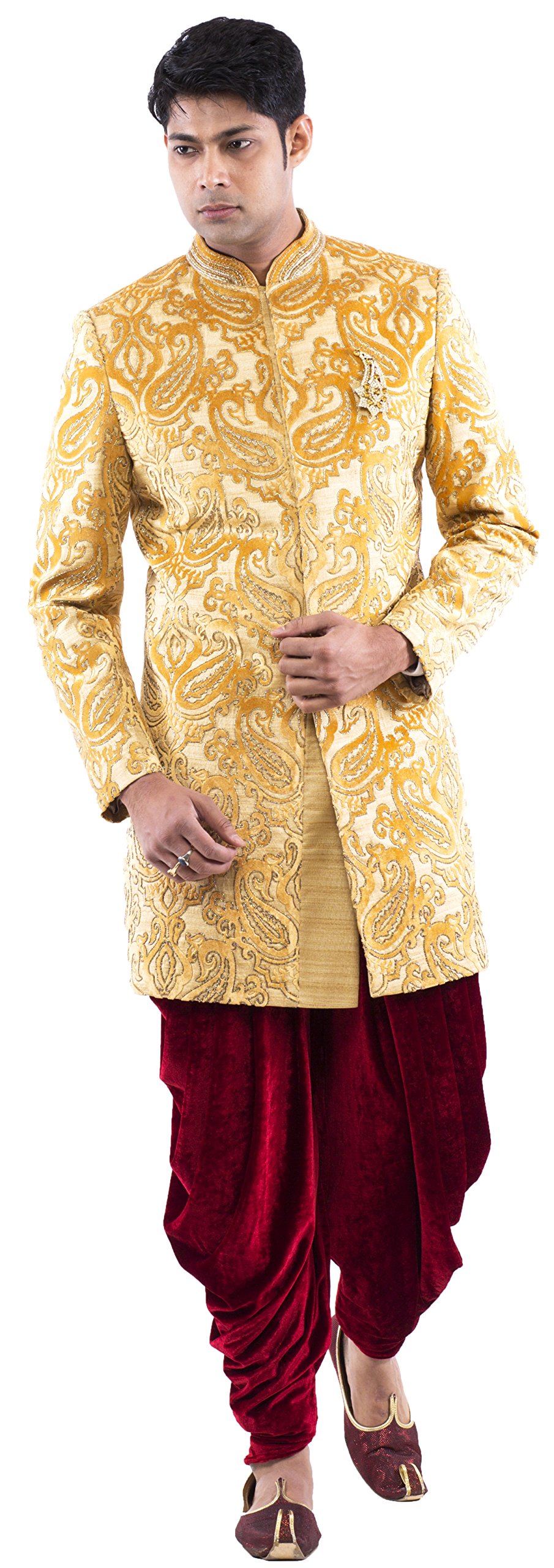 Men's Yellow Gold Laser Cutting Patch Indo-Western Dress Material with Maroon Harem-image-49