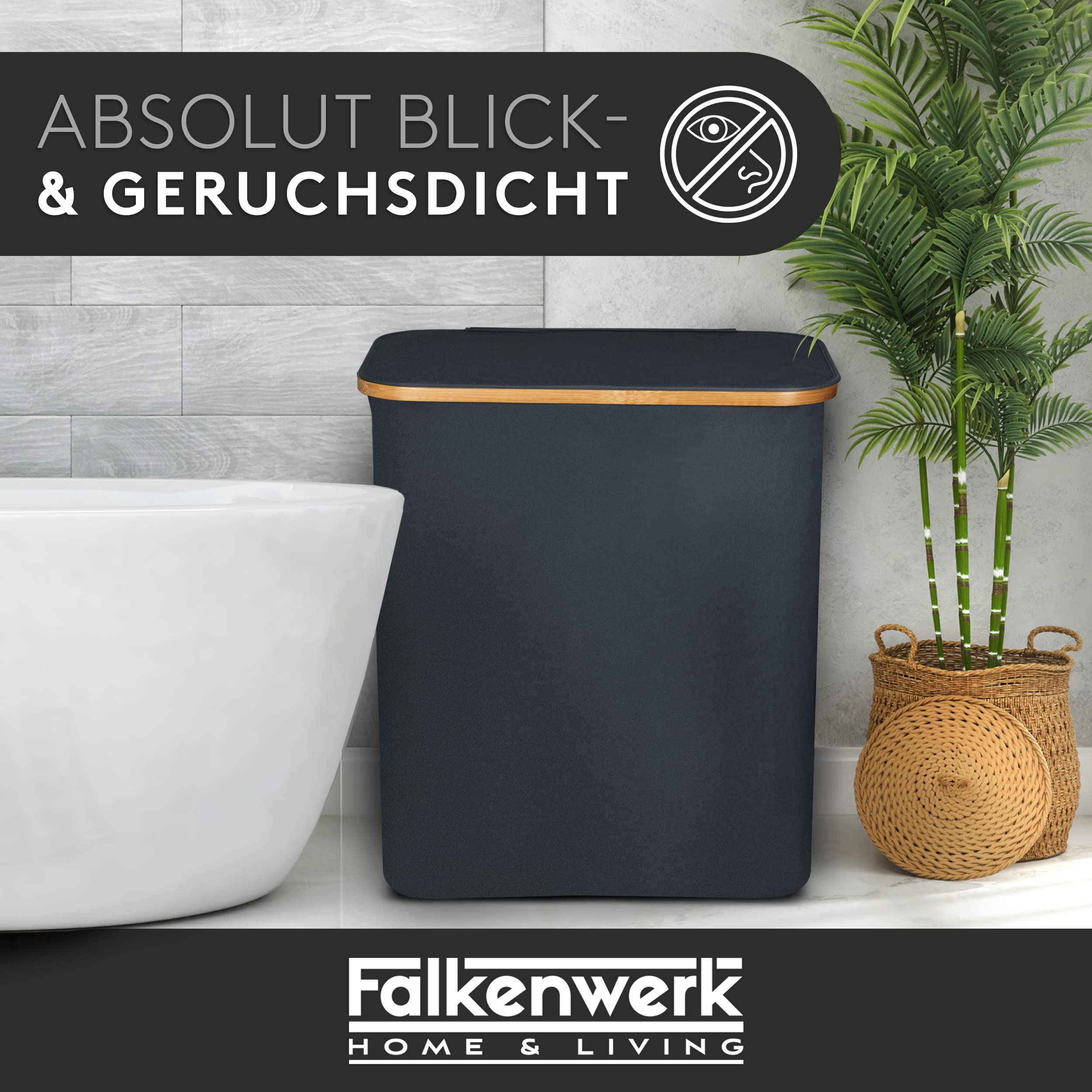 FALKENWERK Cesto para la colada con tapa, 145 L, resistente al agua, 3 compartimentos y bolsas de lavandería extraíbles, con instrucciones de lavado, 3 compartimentos