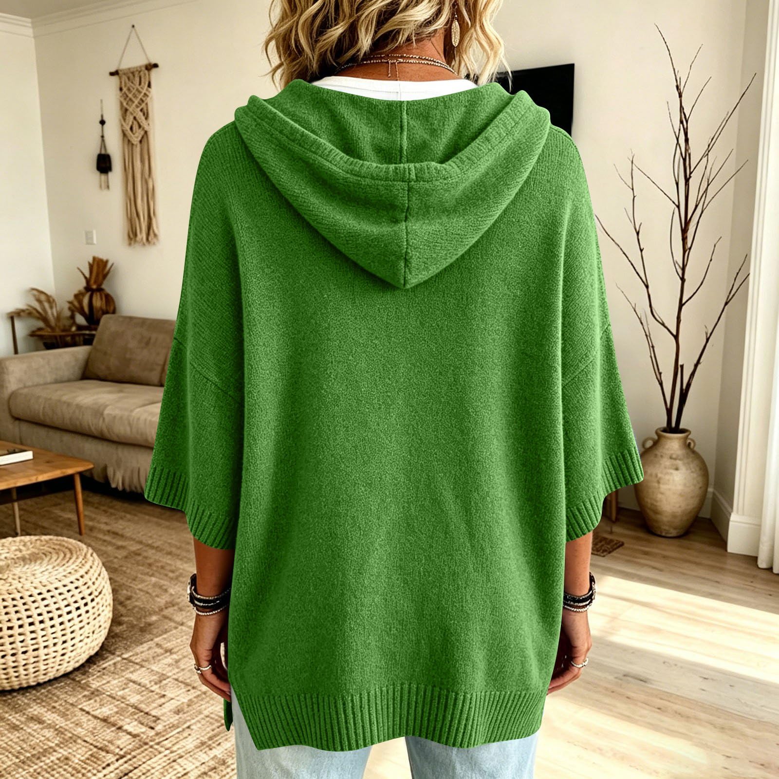 Strickpullover Damen 3/4 Arm Elegant Weichem Herbst Oversize Hoodie