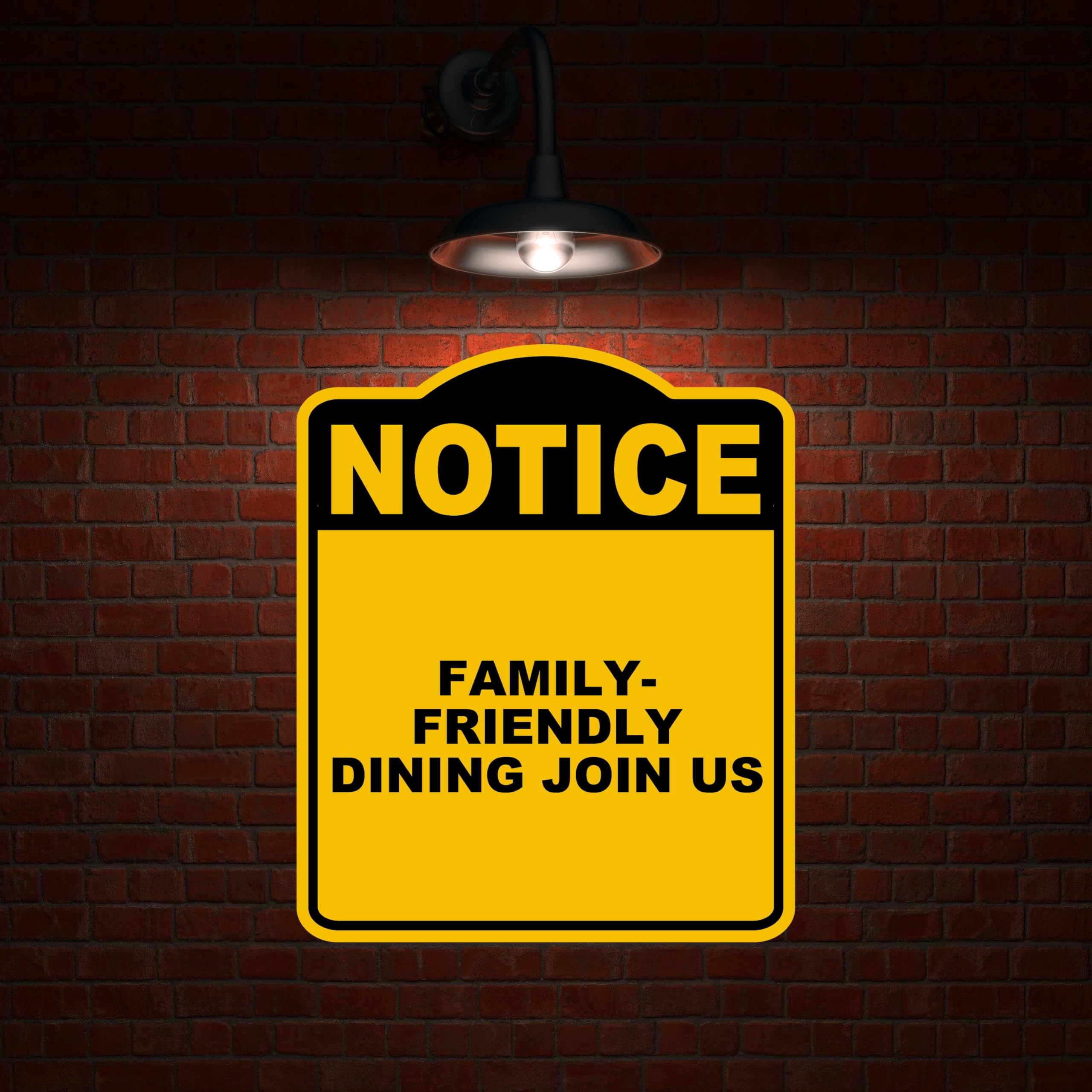 FAMILY-FRIENDLY DINING JOIN US Notice Yellow Black Aluminum Composite Sign 8.5 x 10 inches