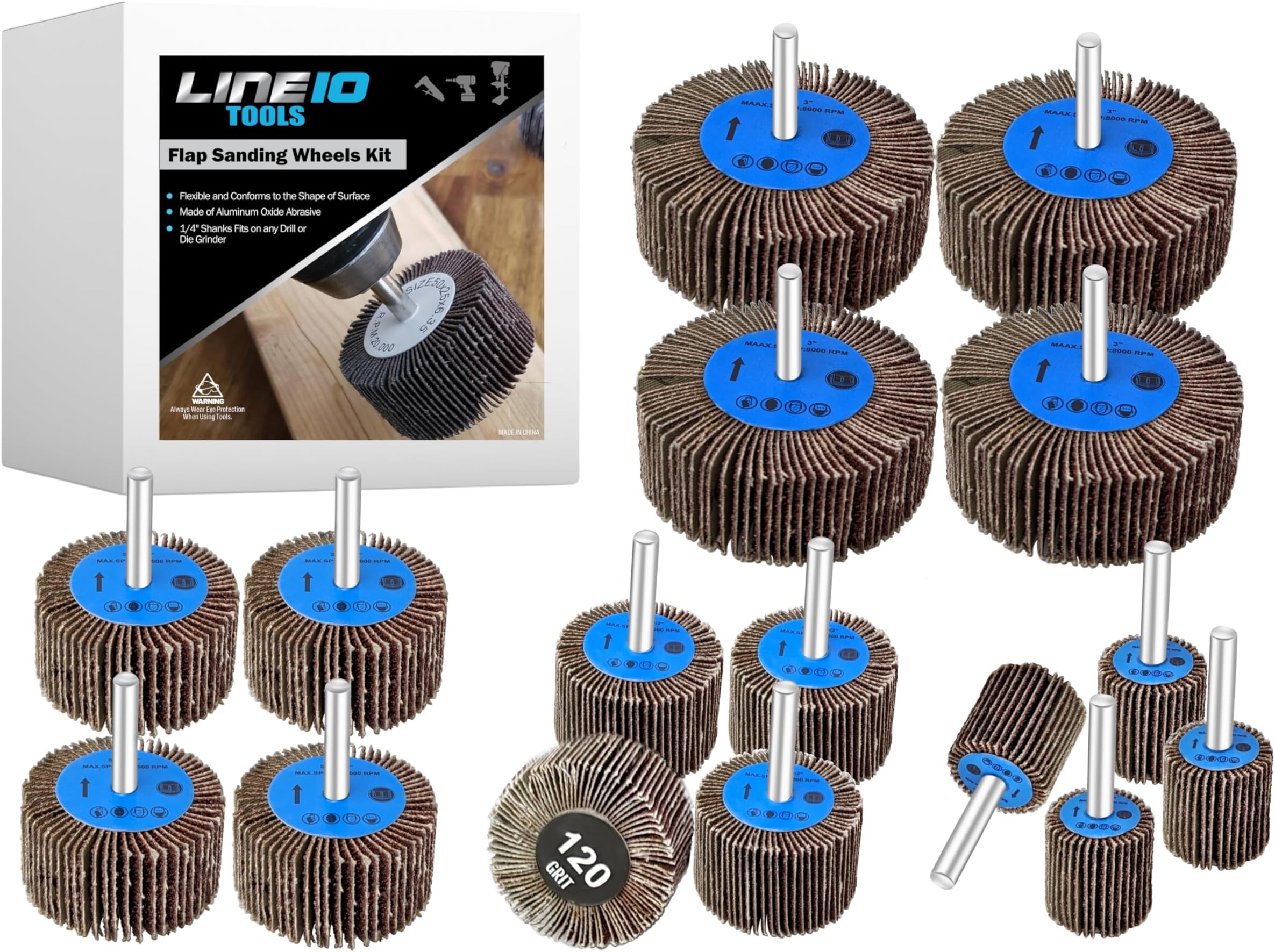 LINE10 Tools 16pk Flap Wheel Sanding Kit Drill Sander 60, 80, 120, 240 Grit Brush, 1/4" Shank, Abrasive Flapper Sander for Contours, Holes