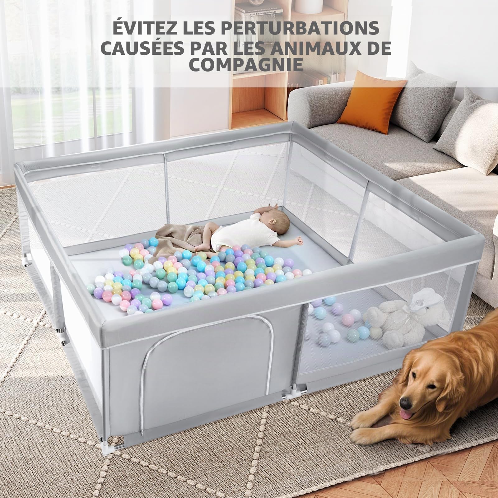 BEJOY Grand Parc pour Bébé, XXL 180x200cm Compact et Solide, Protection en Mousse, Parc de Jeu de Sécurité Antidérapant avec Porte à Fermeture Éclair Ronde en Maille Respirante Centre D'activités