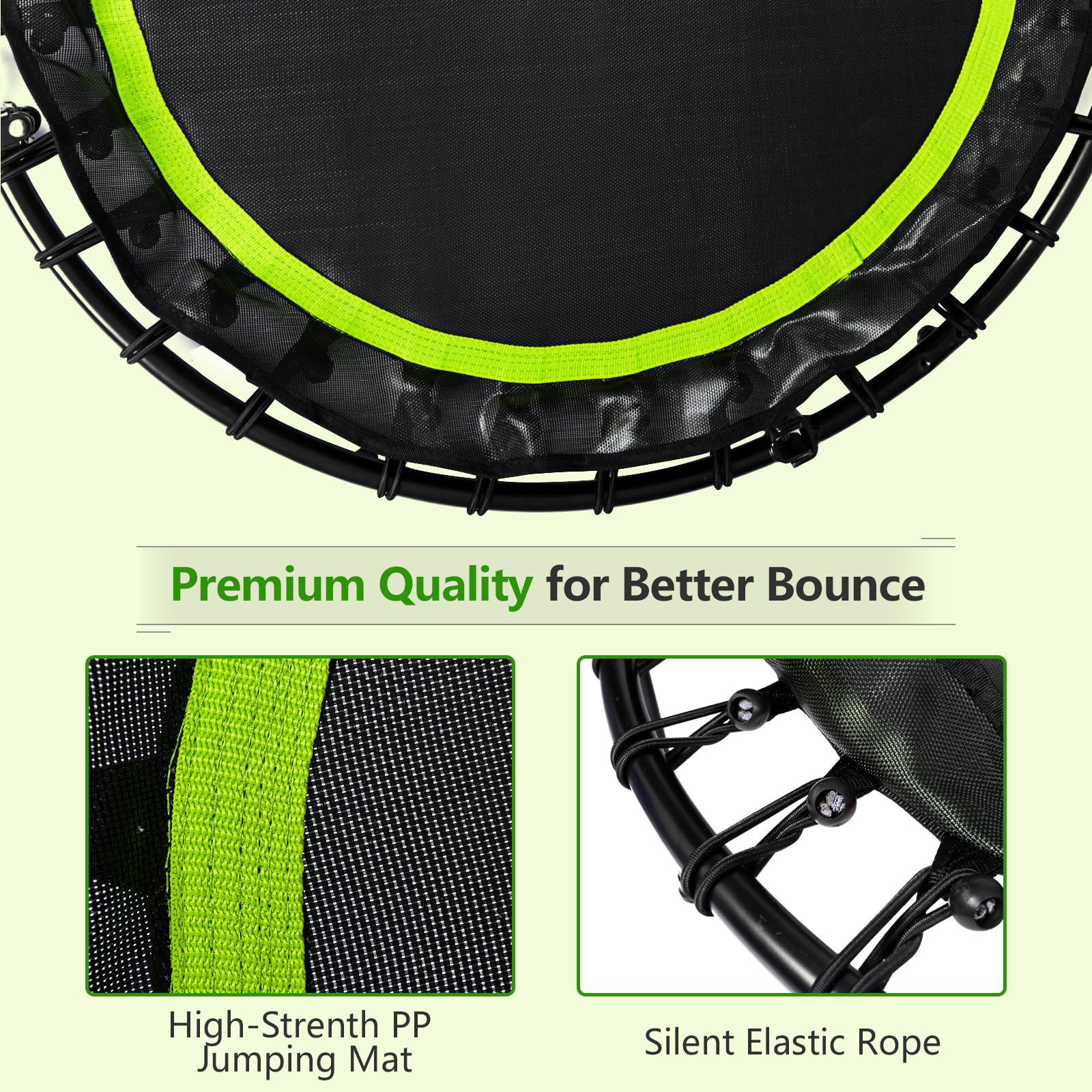 KOMFOTTEU Trampolino Fitness Ø101 cm con Carico di 150 kg, Trampolino Elastico con 2 Fasce di Resistenza e Manico Regolabile in 4 Livelli, Mini Trampolino di Rimbalzo Pieghevole per Adulti e Bambini