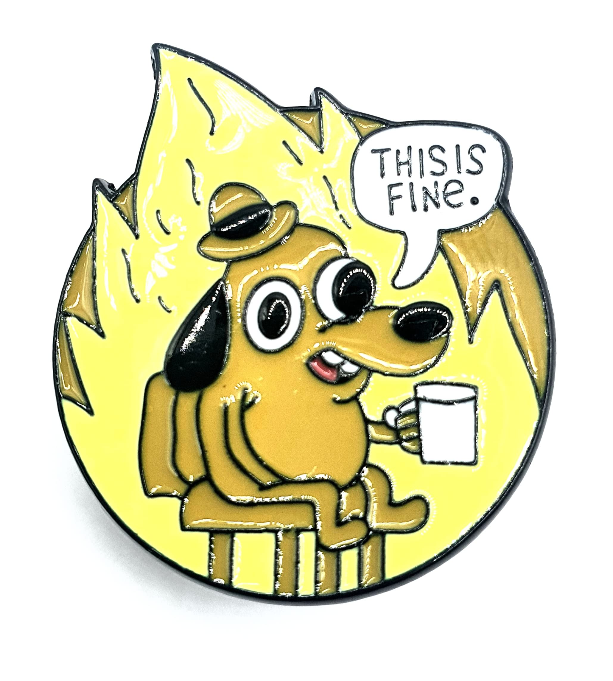 'This Is Fine Dog Engulfed in Flames Disaster Meme' metalowa emaliowana przypinka odznaka, Metal