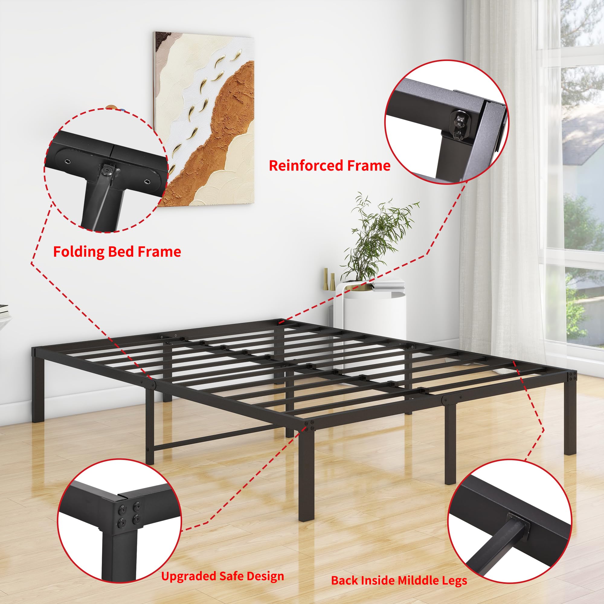 VERFARM 14 Inches Queen Size Bed Frame, Heavy Duty Metal Platform Bed Frame Queen, No Box Spring Needed, Sturdy Steel Slat Support, Easy Assembly, Black, Queen