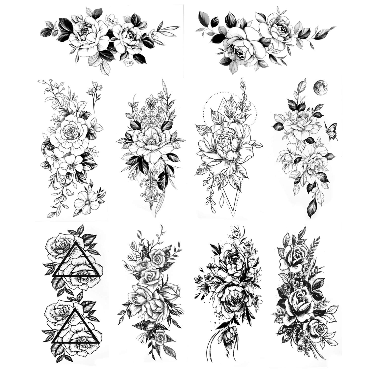 HOWAF 10 hojas de tatuajes de flores peonía rosas tatuajes temporales adultos mujeres impermeable negro tatuaje flor niñas dama tatuajes falsos brazo Tatuajes adhesivos sexy hombro pecho