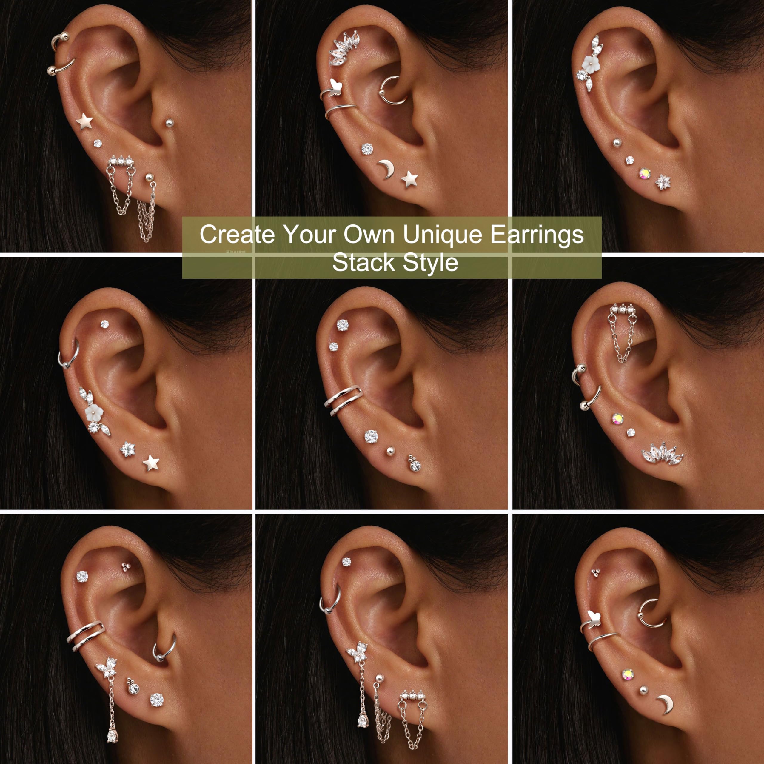 HMJGDHX 20 sztuk stal chirurgiczna Helix Piercing biżuteria hipoalergiczna śruba kolczyki z płaskim tyłem zestaw Tragus Hoop muszla Daith Piercing biżuteria klip srebrne złote kolczyki na chrząstkę