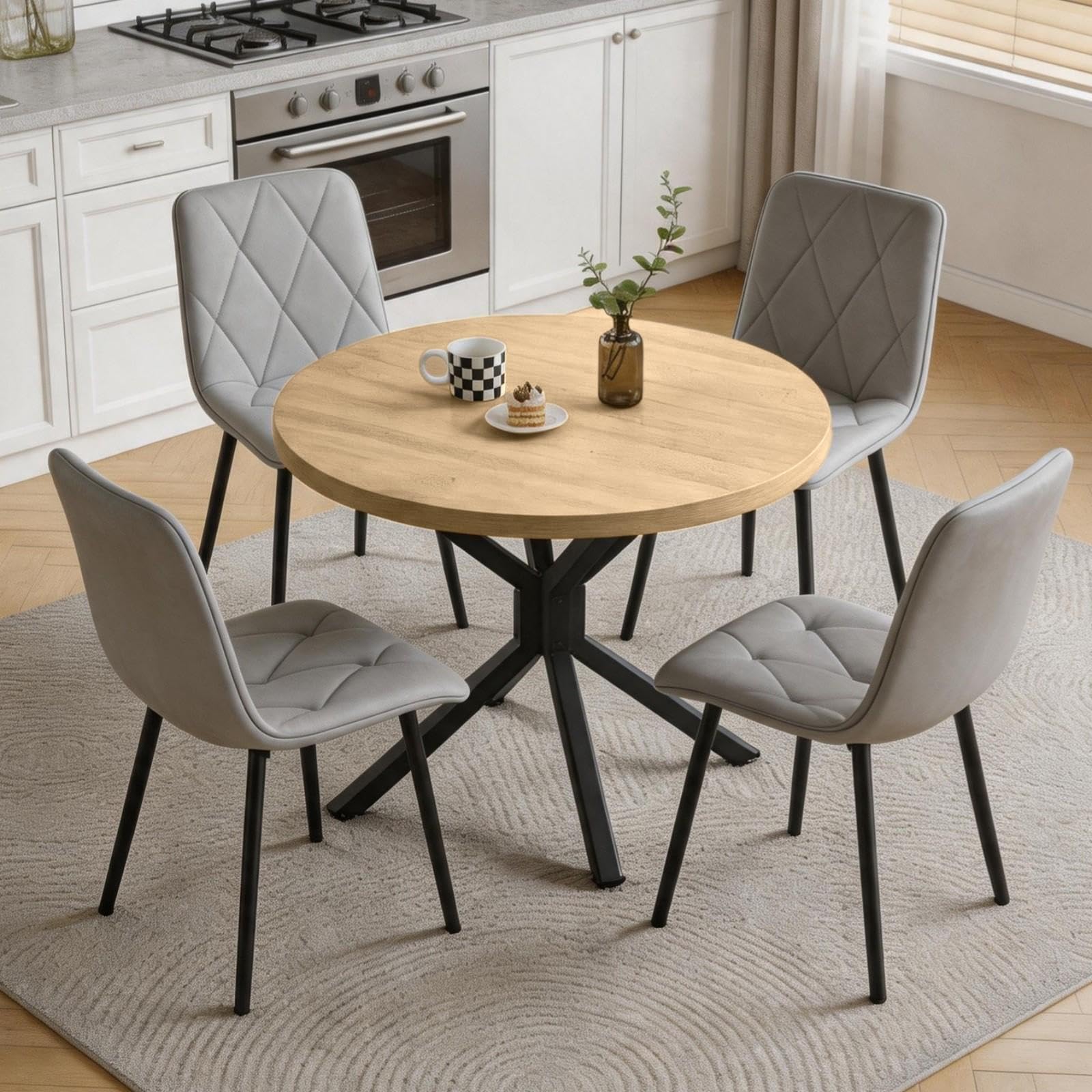 Homullel Round Dining Table and Chairs Set 4 Seater Kitchen Dining Set, 5 Pieces Table & Chairs Dinner Table Set for 4 (95cm Wooden Table with 4 Chairs, Pu Diamond Dark Grey)