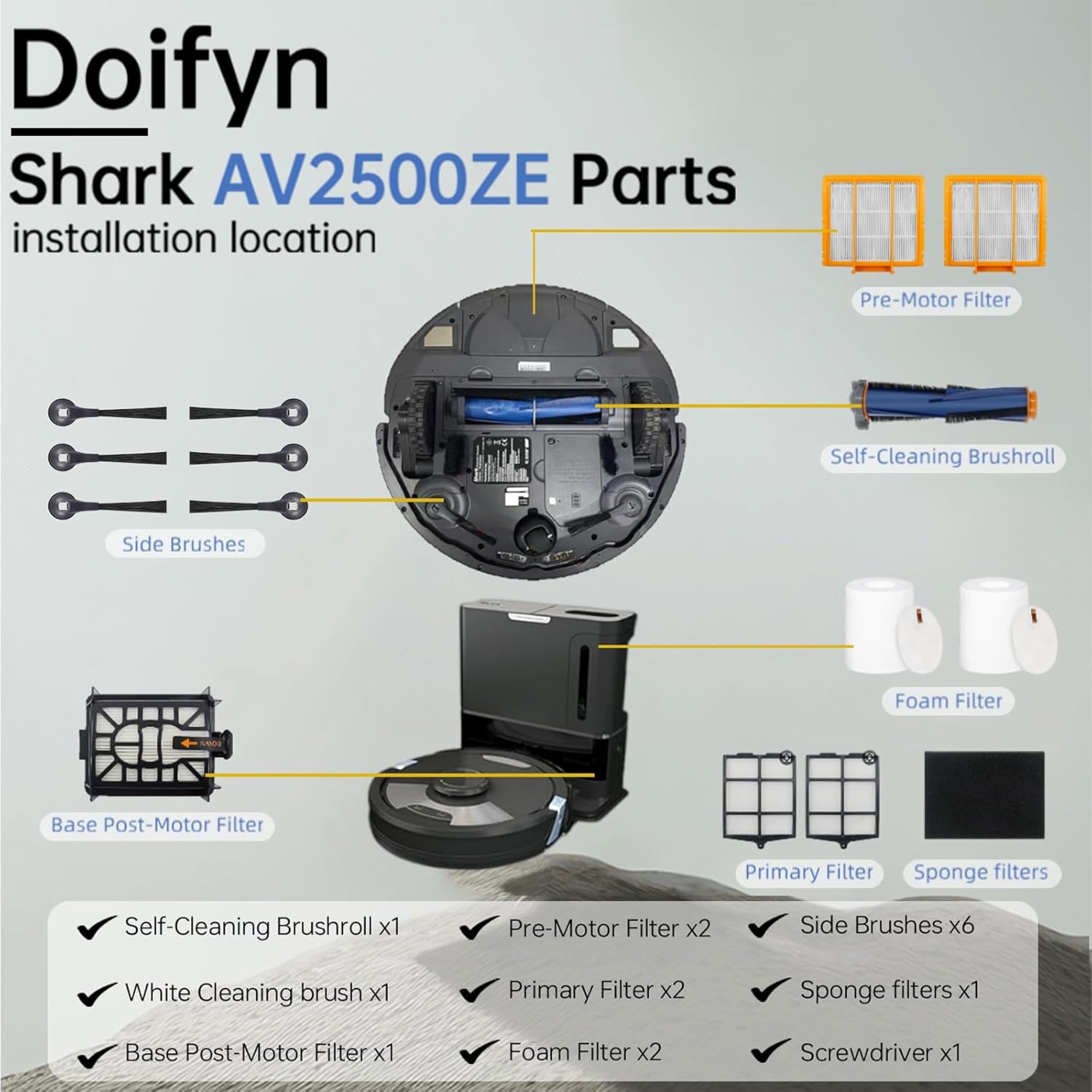 Ersatzteile kompatibel mit Shark AI AV2501S AV2511AE AV2501AE RV2502AE RV2610WA AV2510AOUS RV2520AOUS Roboterstaubsauger, 2 Hauptbürsten, 4 Motorvorfilter, 4 Schaumstofffilter, 8 Seitenbürsten