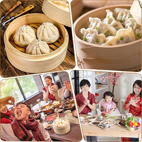 Miniatura 7 de Juego de 2 cestas de vapor de bambú de 2 niveles, incluye anillo de vapor de acero inoxidable, molde y cortador de cuchara de carne, 2 pares de
